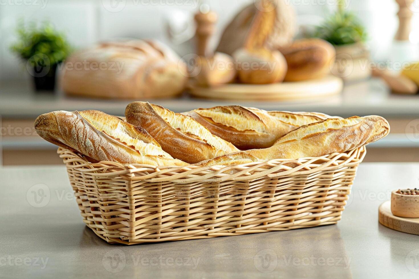 appena al forno francese baguettes nel un' di vimini cestino su il tavolo nel tradizionale panetteria. foto