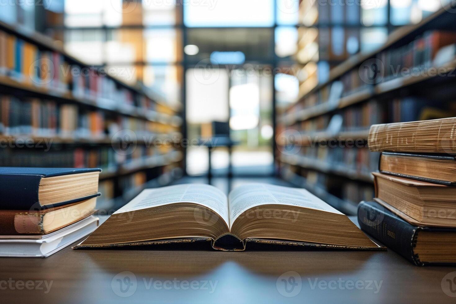 Aperto libro su un' tavolo con pile di libri su il lati. sfocato moderno biblioteca su un' sfondo. foto