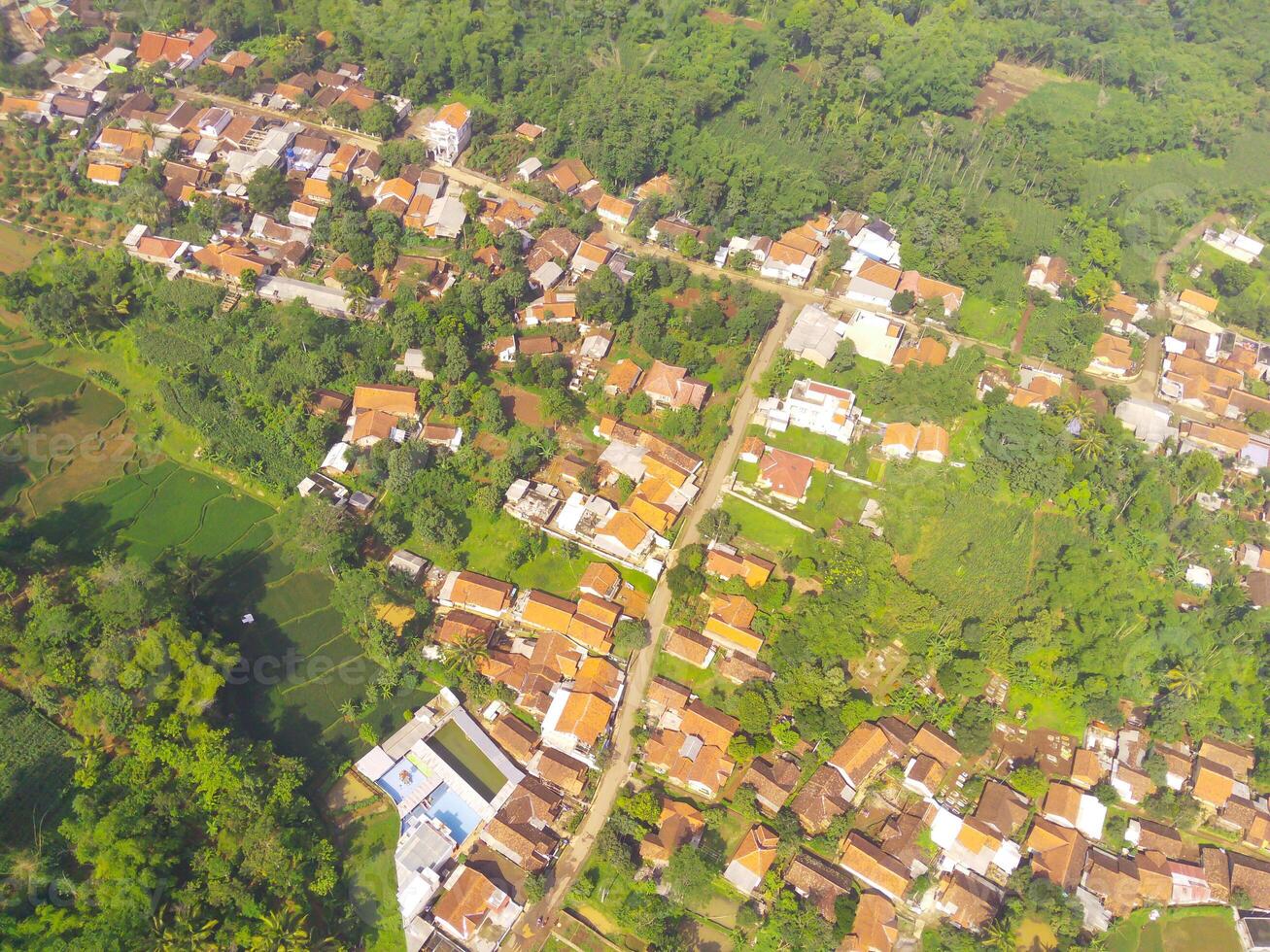 uccello occhio Visualizza di villaggio tra riso i campi nel bandung città, Indonesia. paesaggio di terreni agricoli con riso terrazza agricolo colture nel campagna. agricolo campo. sopra. tiro a partire dal un' fuco volante foto