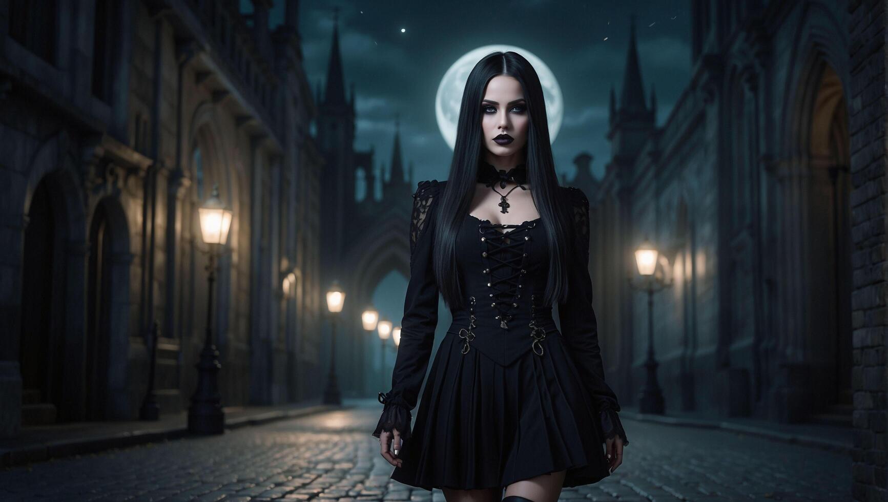 un' bellissimo goth ragazza con lungo dritto capelli nel un' corto nero vestito è a piedi attraverso un' Gotico città foto