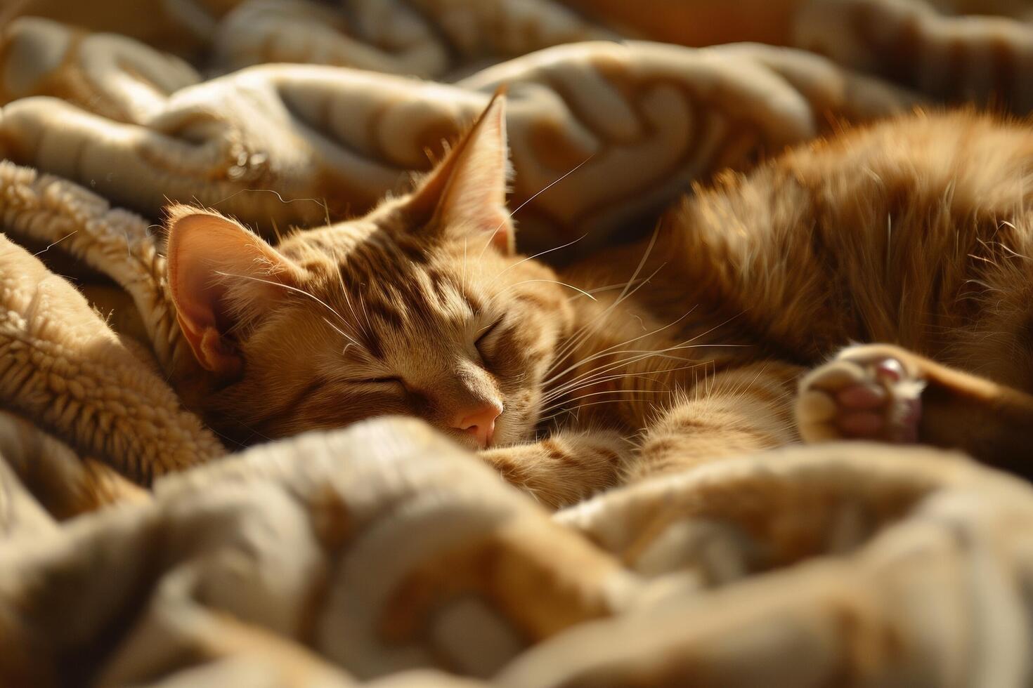 un' contento Zenzero gatto arricciato su su un' accogliente lenzuolo, suo occhi cascante con assonnato contentezza foto