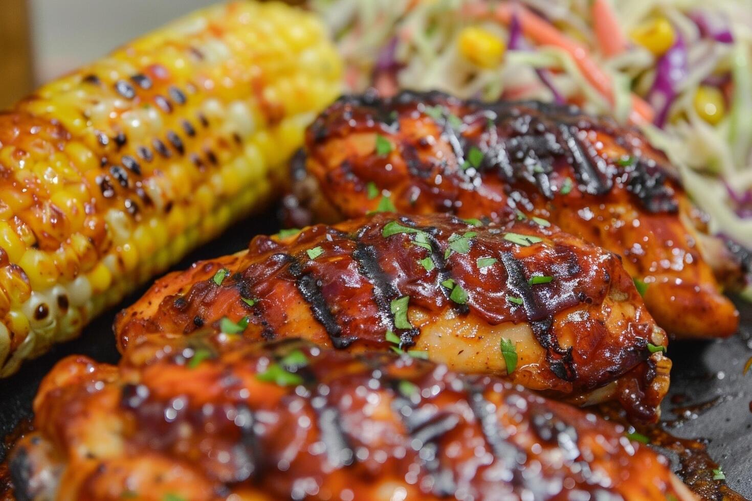 bbq pollo con grigliato Mais e insalata di cavolo foto