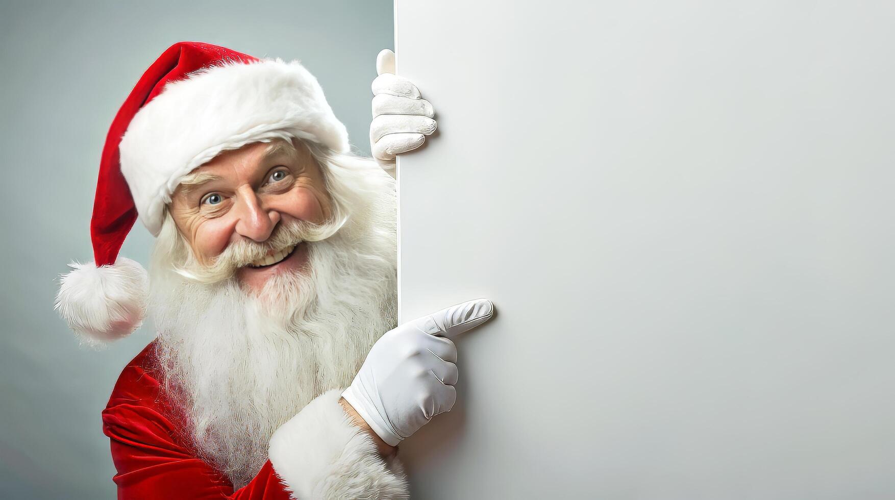 Santa Claus sorridente, puntamento per vuoto annuncio pubblicitario bandiera foto