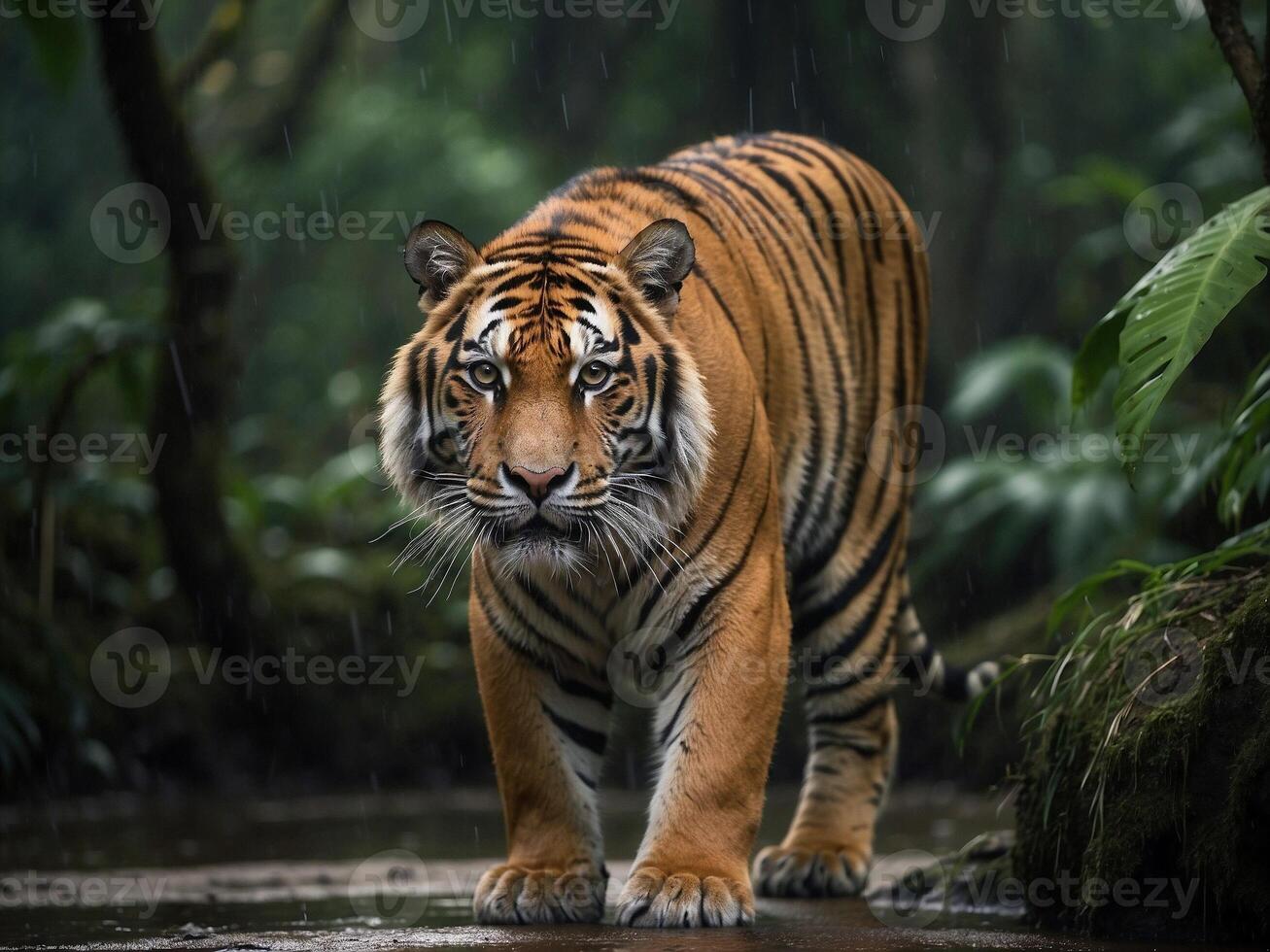 avvicinamento di un' Bengala tigre a piedi nel il verde foresta sfondo foto