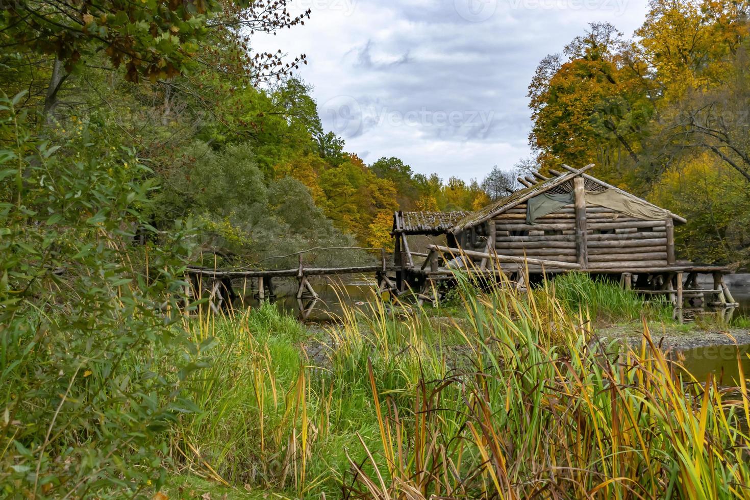 vecchia capanna di legno nella foresta autunnale cosparsa di foglie foto