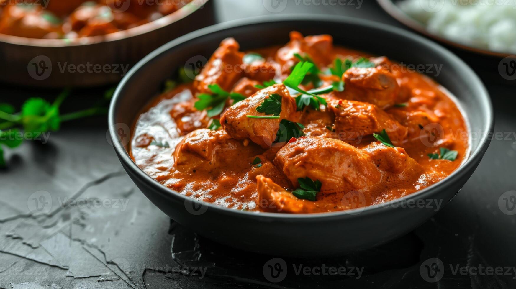 un' ciotola di pollo tikka masala servito con indiano spezie e basmati riso foto