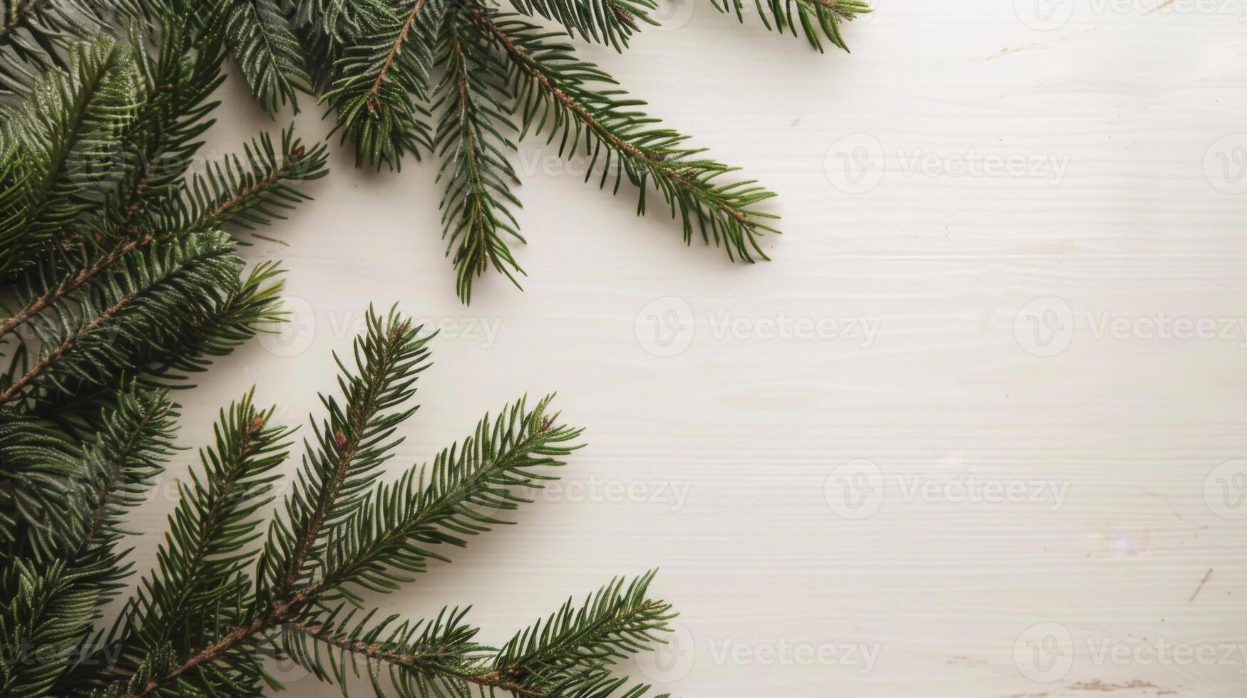 abete rami disposte su tavola legna struttura con verde natura elementi per Natale sfondo foto