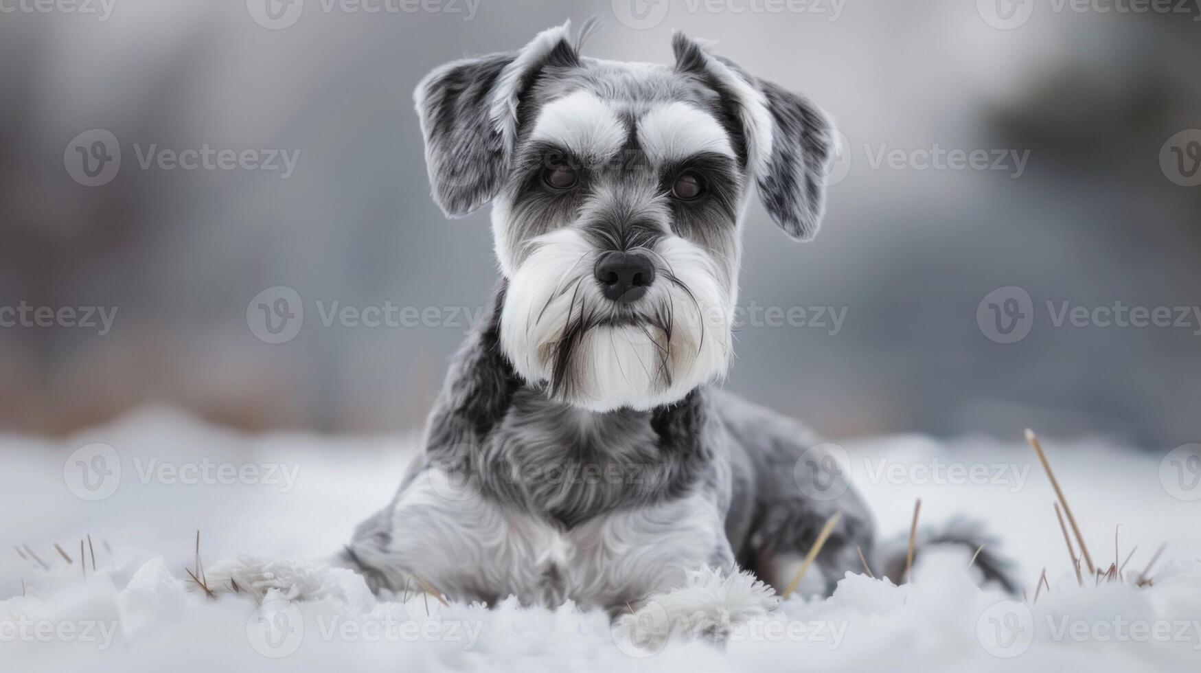 miniatura schnauzer cane animale domestico nel neve, in mostra un' inverno animale ritratto con carino nero e bianca pelliccia foto