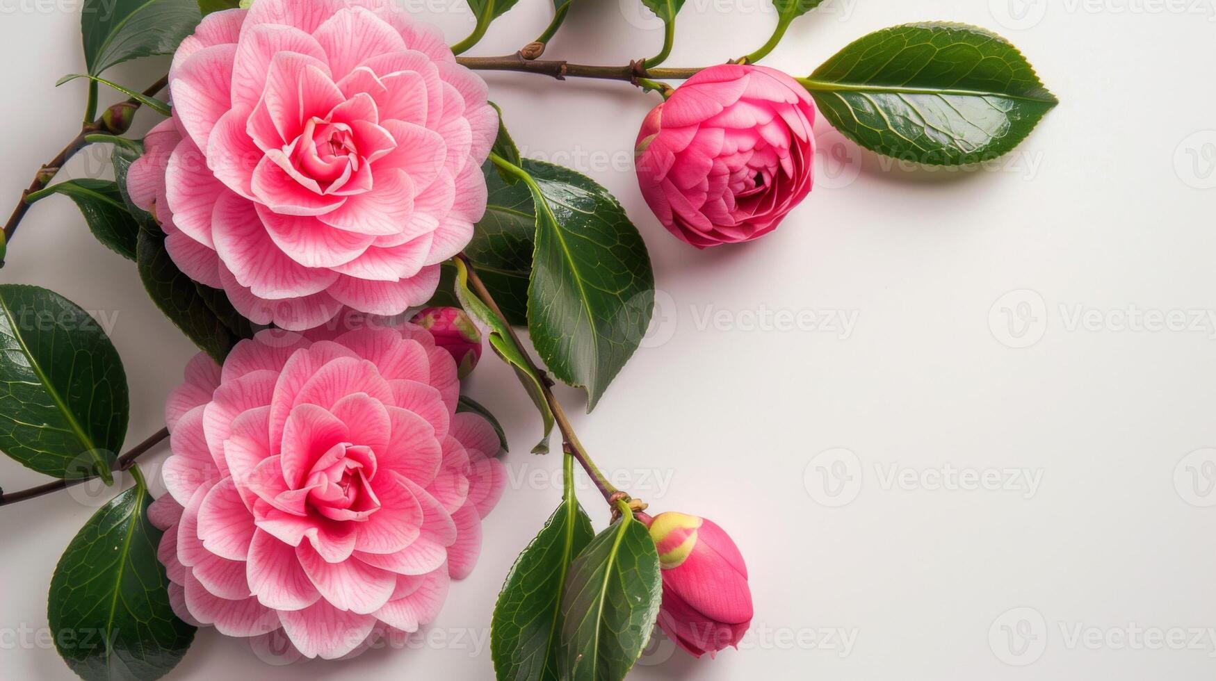 rosa camelia fiori nel fioritura con morbido petali e botanico bellezza su un' bianca sfondo foto