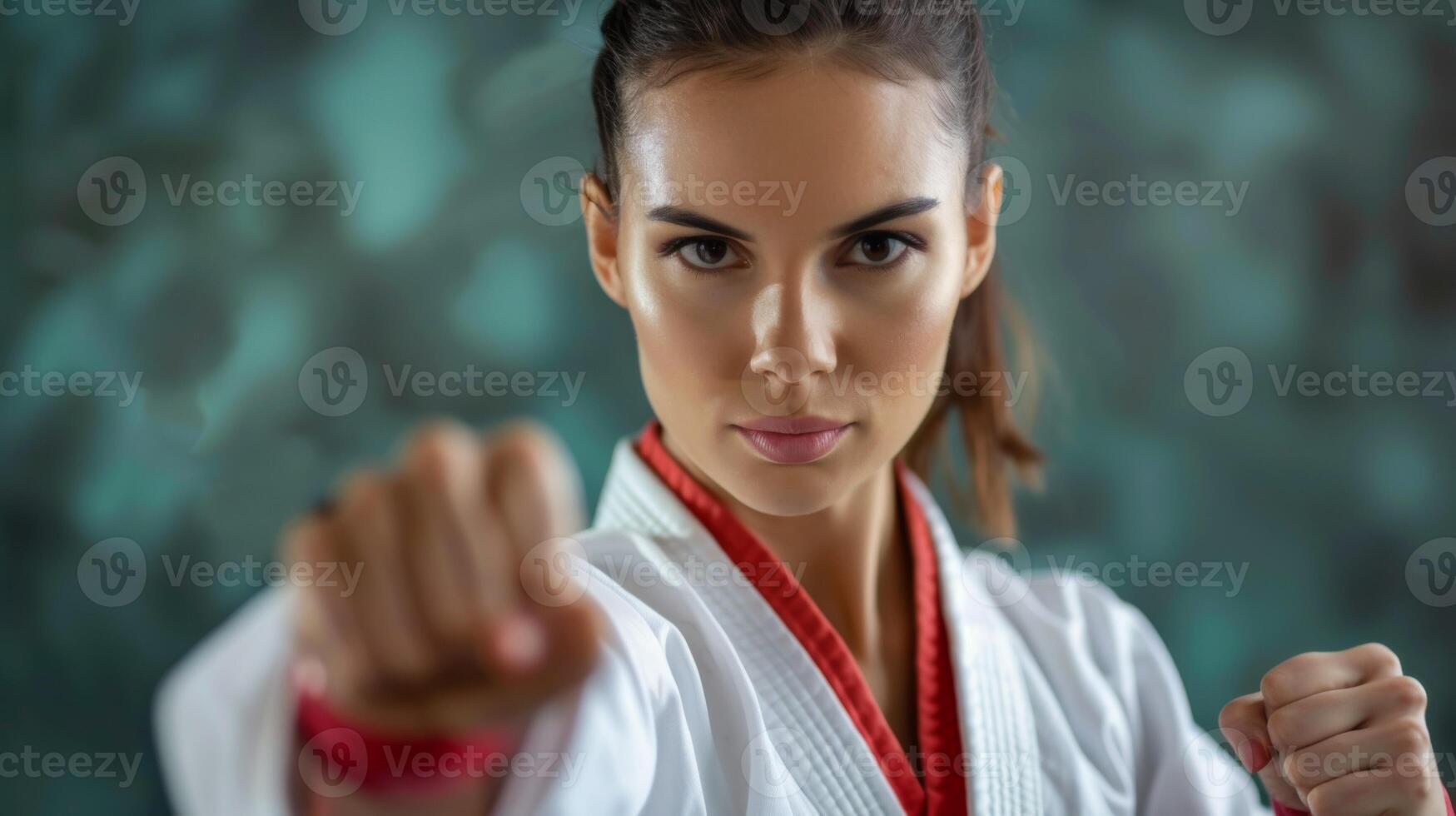 marziale arti femmina combattente nel karatè taekwondo gi con rosso cintura Spettacoli posizione e determinazione foto