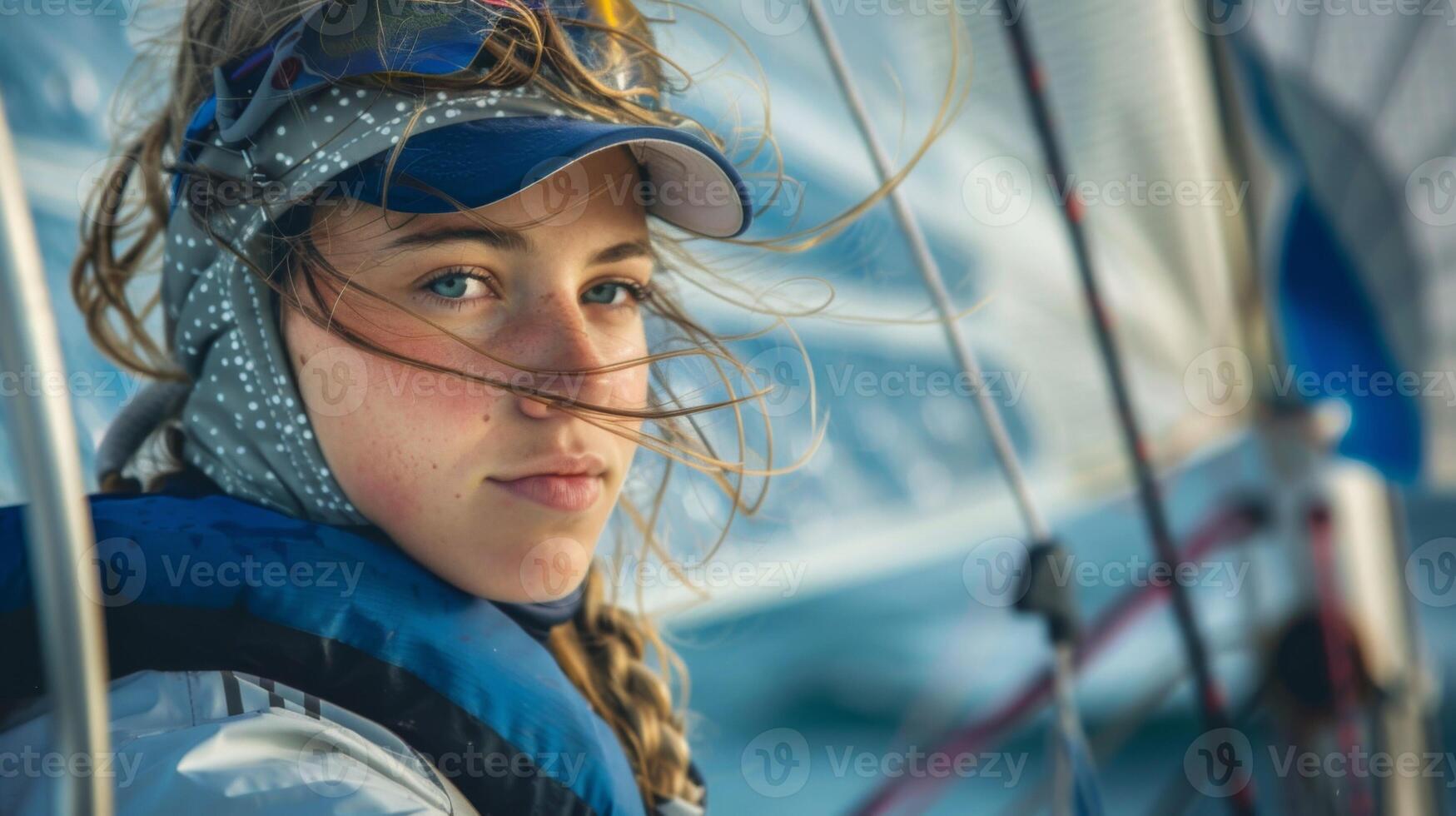 fiducioso femmina marinaio su un oceano avventura con nautico stile di vita e sportivo tempo libero foto