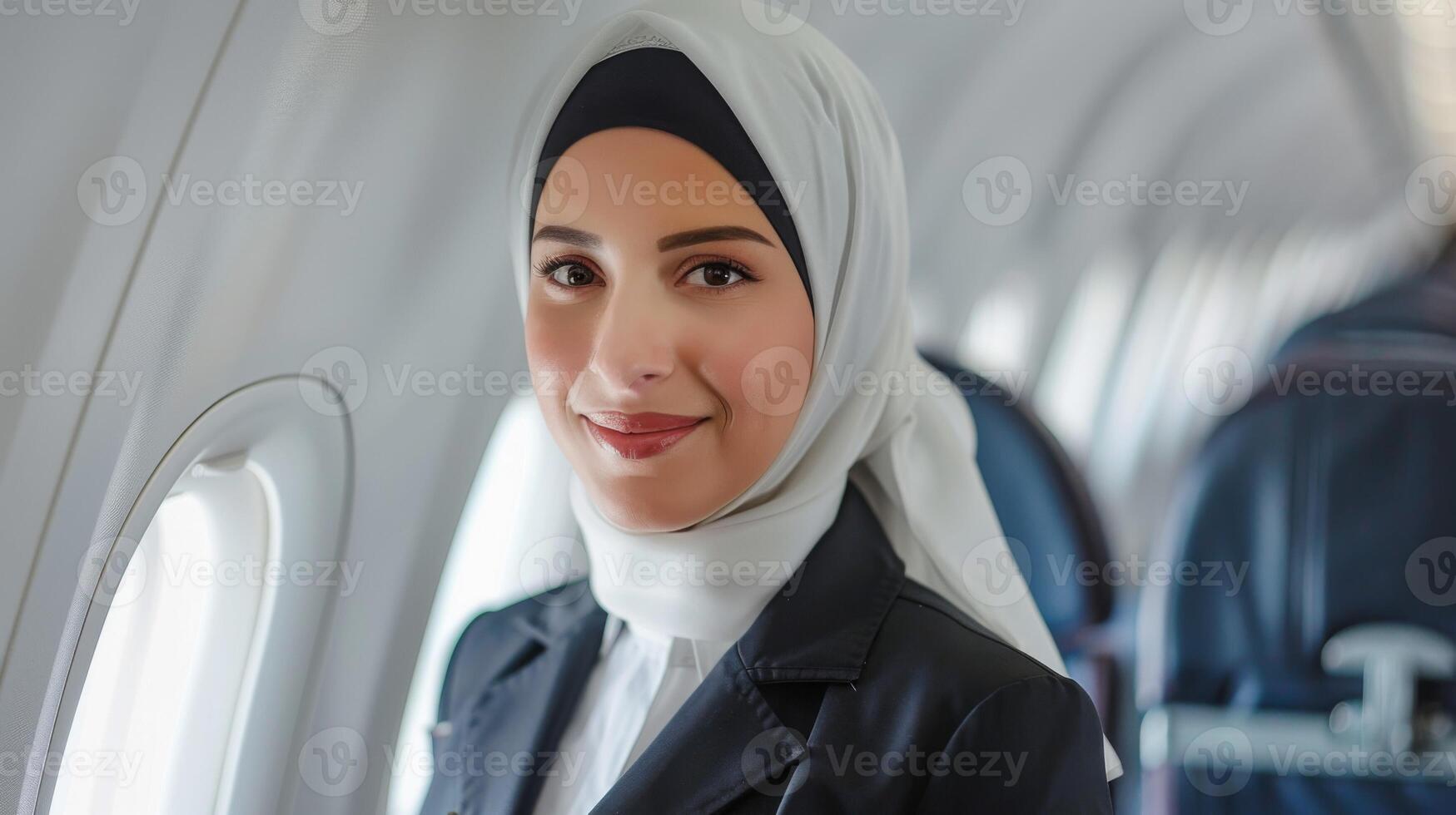 volo assistente nel hijab sorrisi professionalmente nel aereo cabina uniforme mentre fornire servizio foto