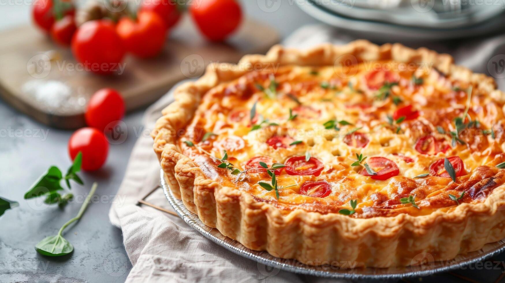 delizioso quiche con pomodori, basilico, formaggio, al forno Crosta, e uovo su un' rustico tavolo foto