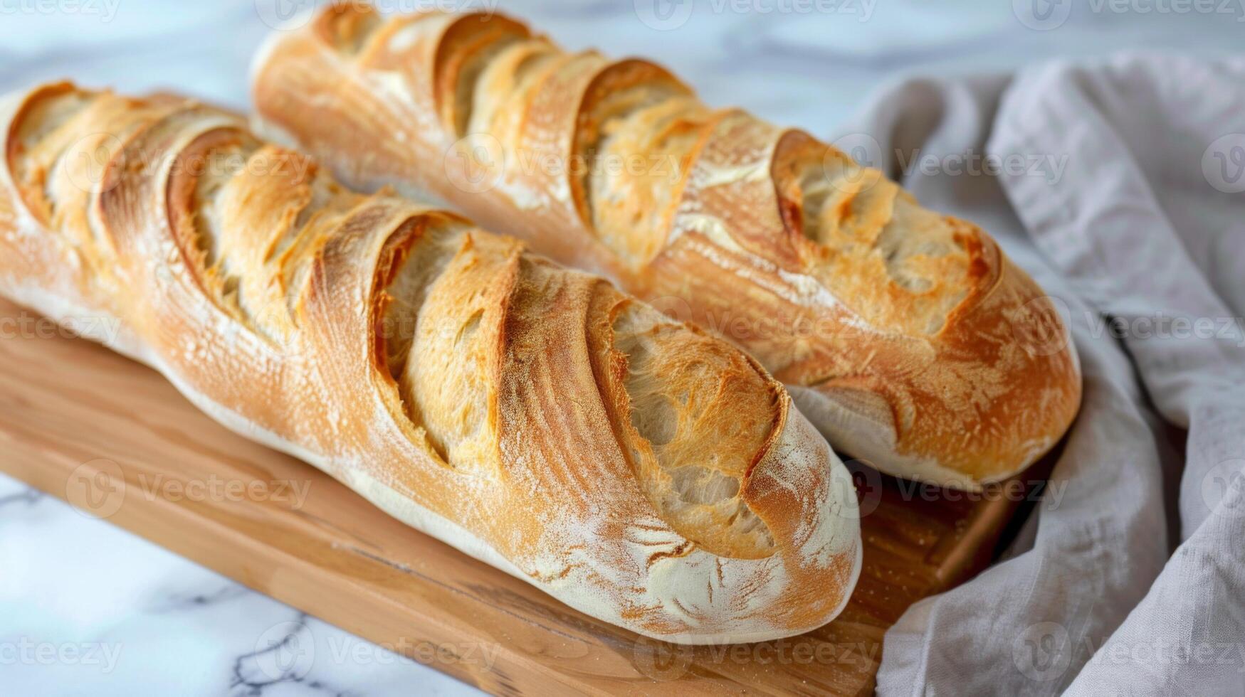 appena al forno baguette pane su un' di legno taglio tavola con un' d'oro Crosta e Farina spolverare su marmo sfondo foto