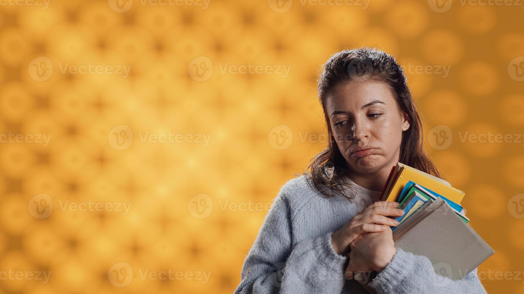 esausto donna sbadigliando, Tenere pesante pila di libri necessario per scuola esame, studio sfondo. alunno bramosia per dormire, stanco di apprendimento a partire dal accademico libri di testo, telecamera un' foto