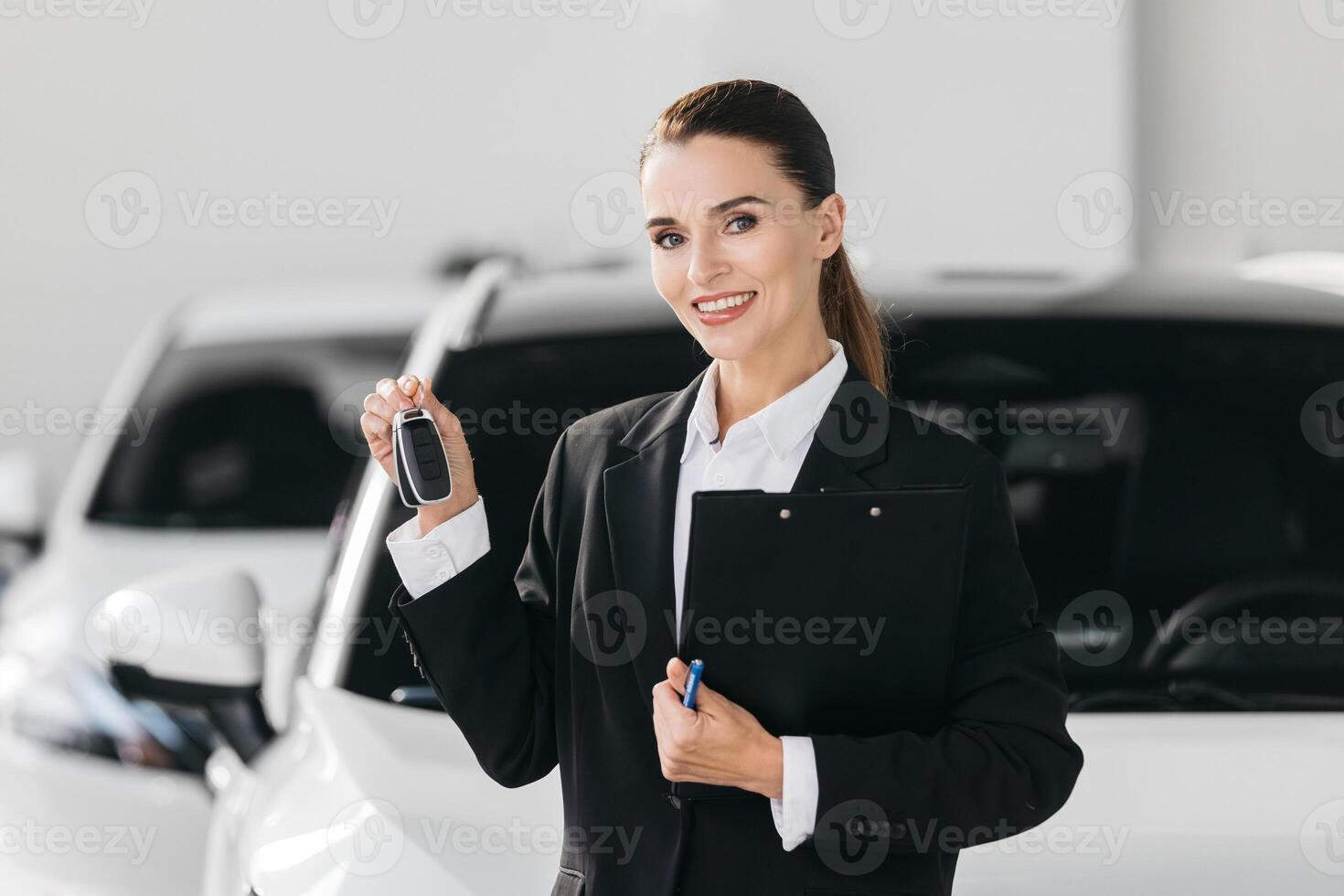 femmina competente auto commerciante nel un' completo da uomo con tavoletta a concessionaria centro. manager nel auto concessionaria regali nuovo macchine. commerciante dando chiave per nuovo proprietario nel auto mostrare o salone. foto