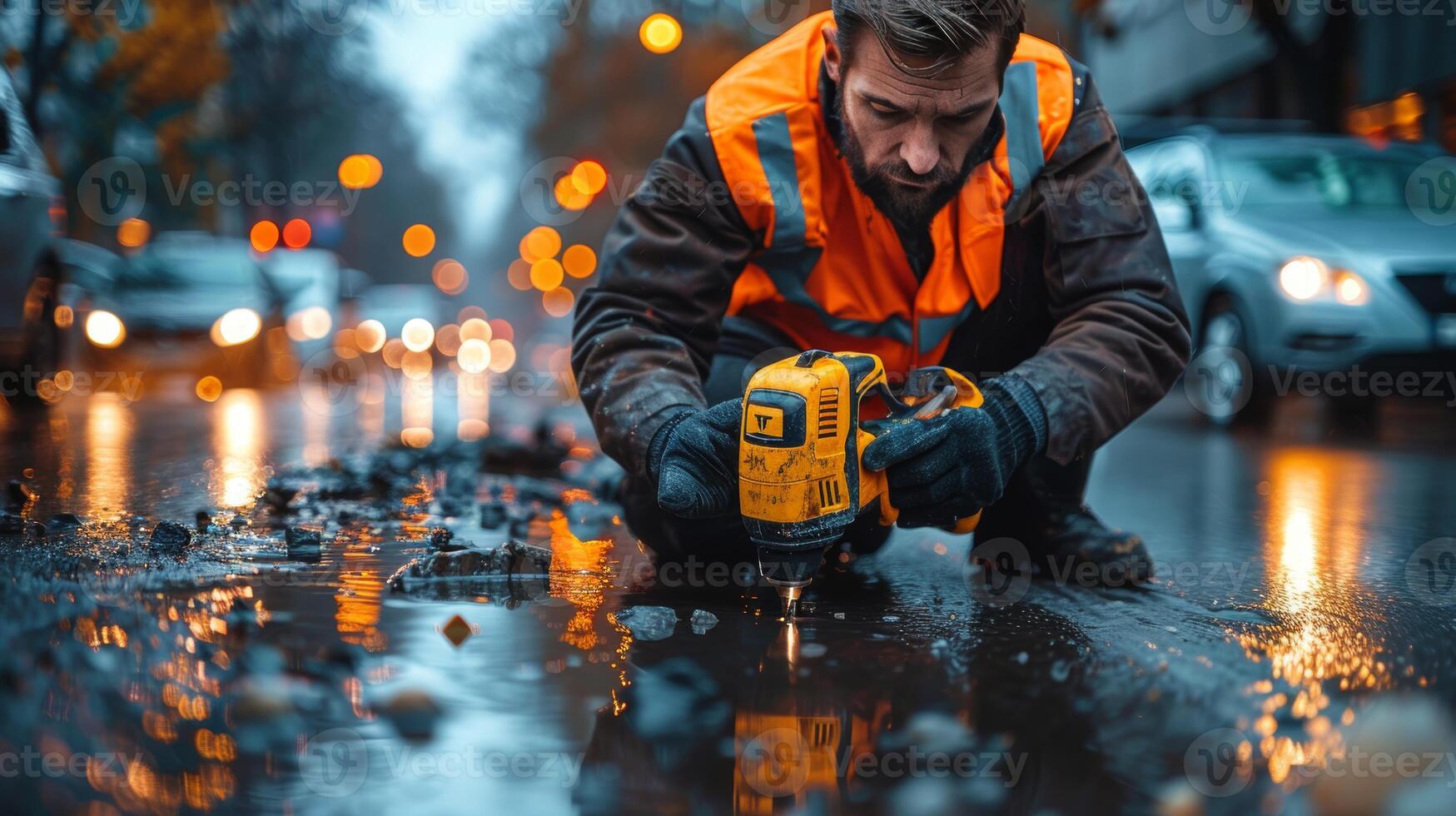 concentrato lavoratore nel riflessivo veste utilizzando trapano su bagnato urbano strada a crepuscolo foto