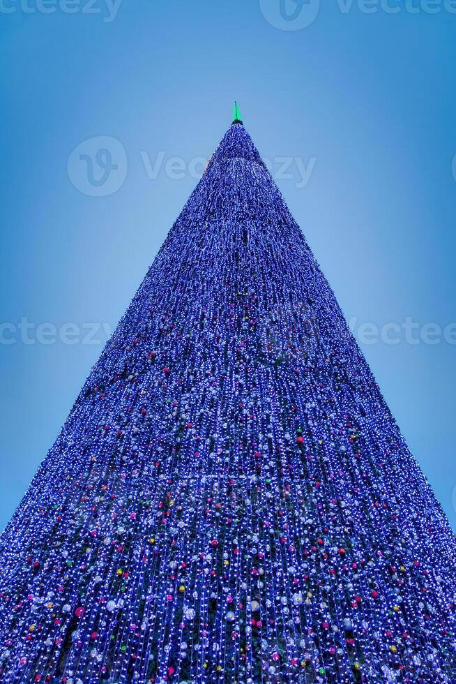 artificiale Natale albero nel ghirlande a crepuscolo. foto
