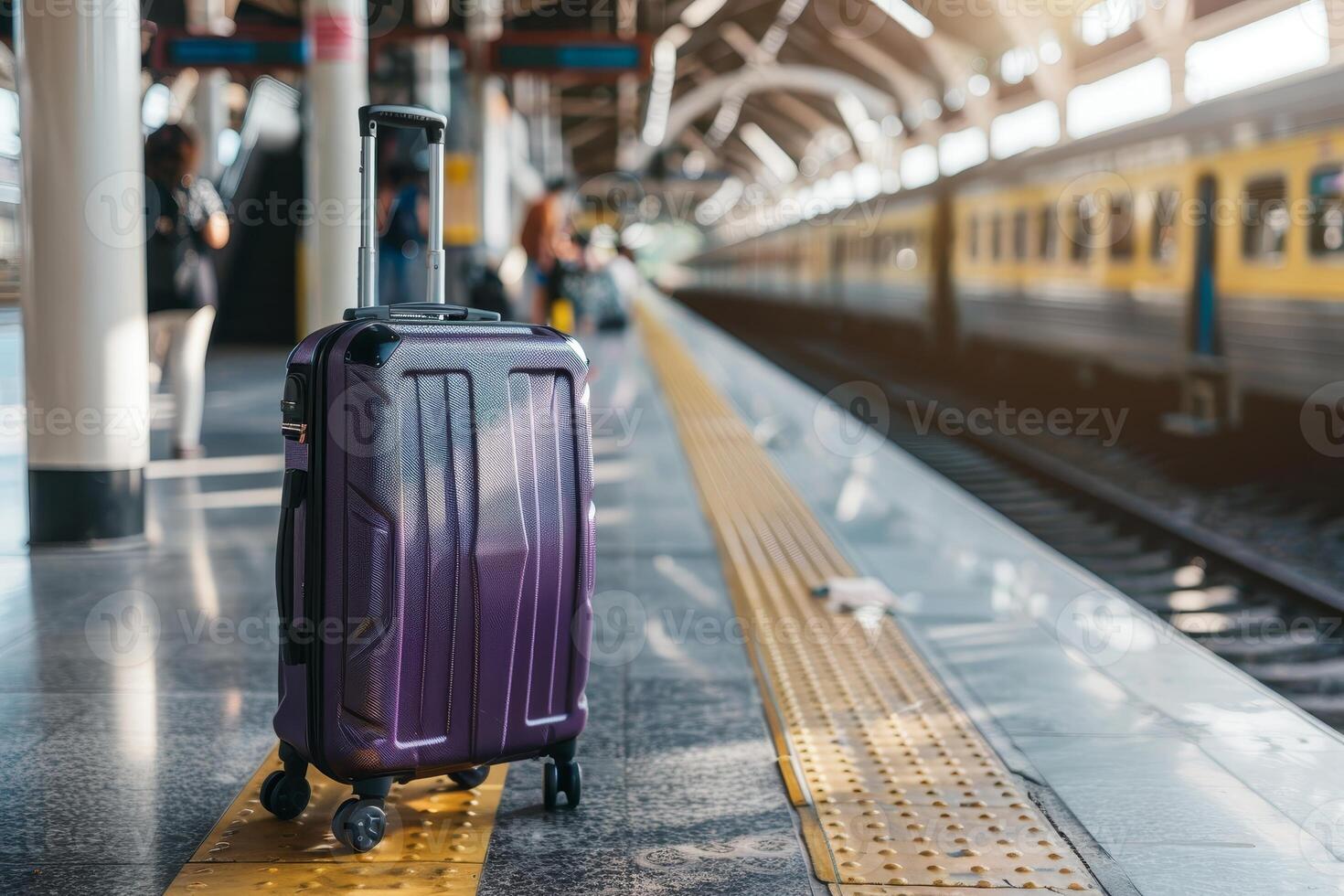 viaggio valigia posto di il Ingresso di un' occupato treno stazione, pronto per partenza foto