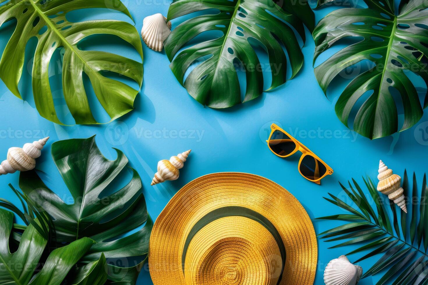 estate blu bandiera con giallo cappello, occhiali da sole, conchiglia, e Monstera foglia su blu sfondo foto