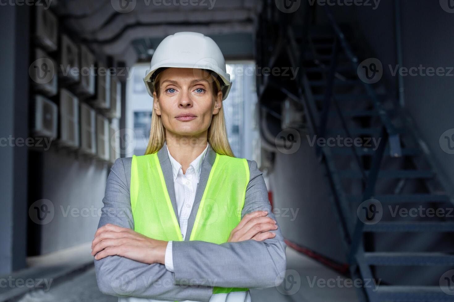 ritratto di un' giovane donna ingegnere, architetto, proprietario di un' costruzione azienda in piedi nel un' difficile cappello e riflessivo veste al di fuori il edificio e attraversamento sua braccia, guardare sul serio in il telecamera. foto