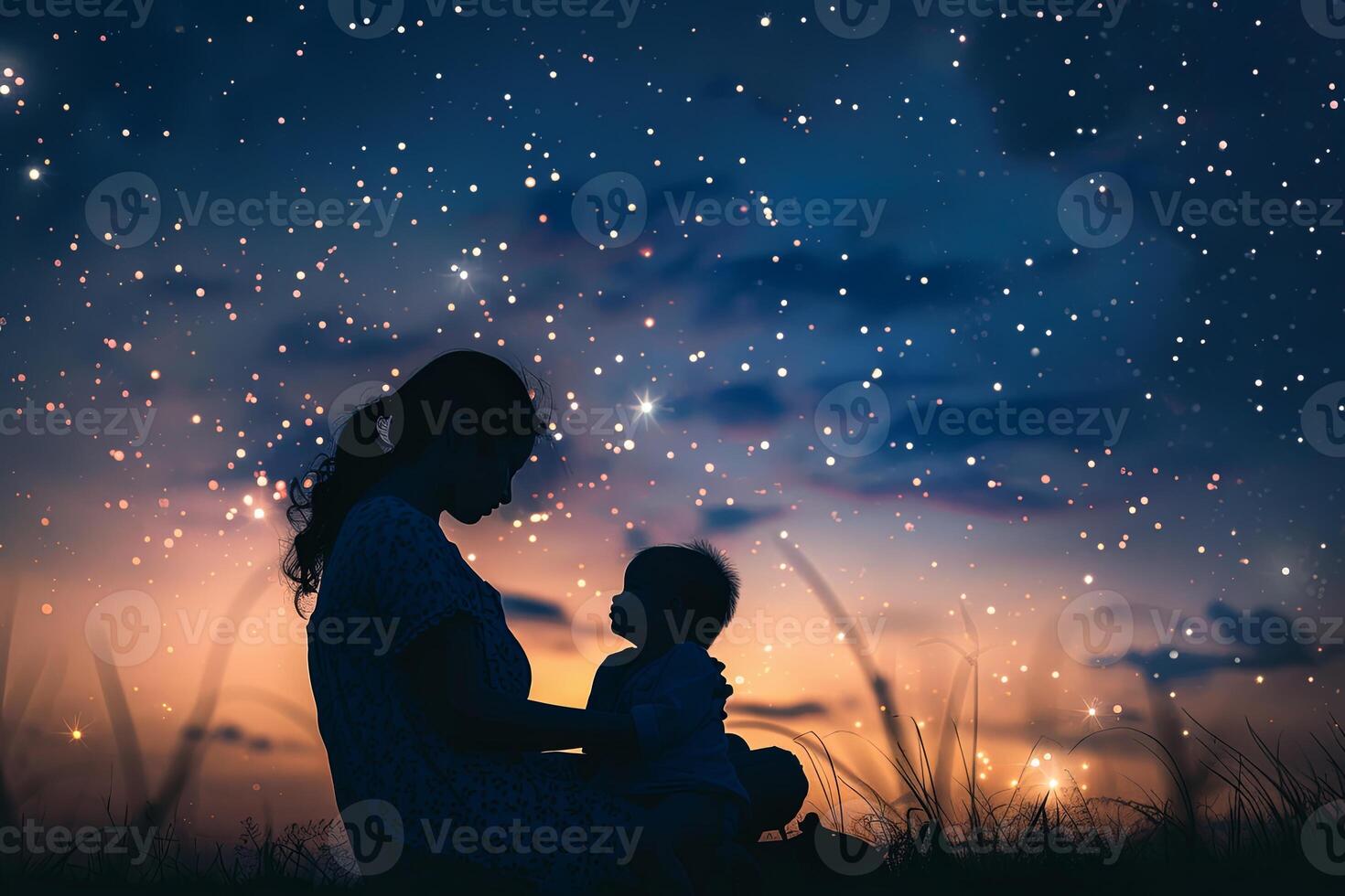 un' rappresentazione di duraturo amore sagome di madri e bambini contro morbido tramonti o stellato cieli foto
