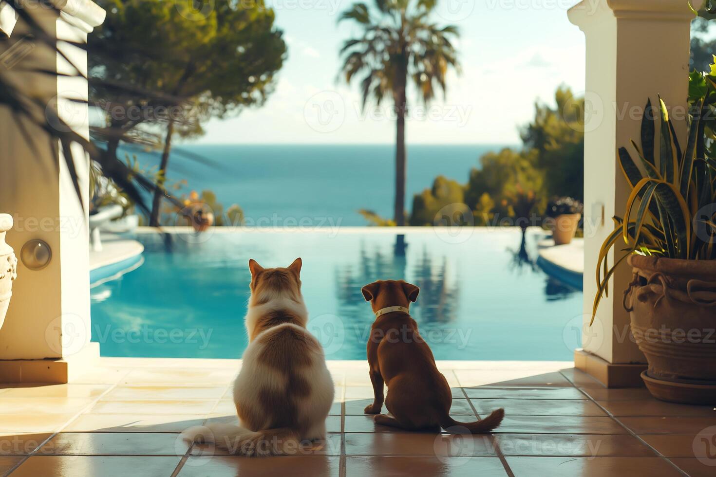 indietro Visualizza gatto e cani seduta insieme su terrazza con piscina foto