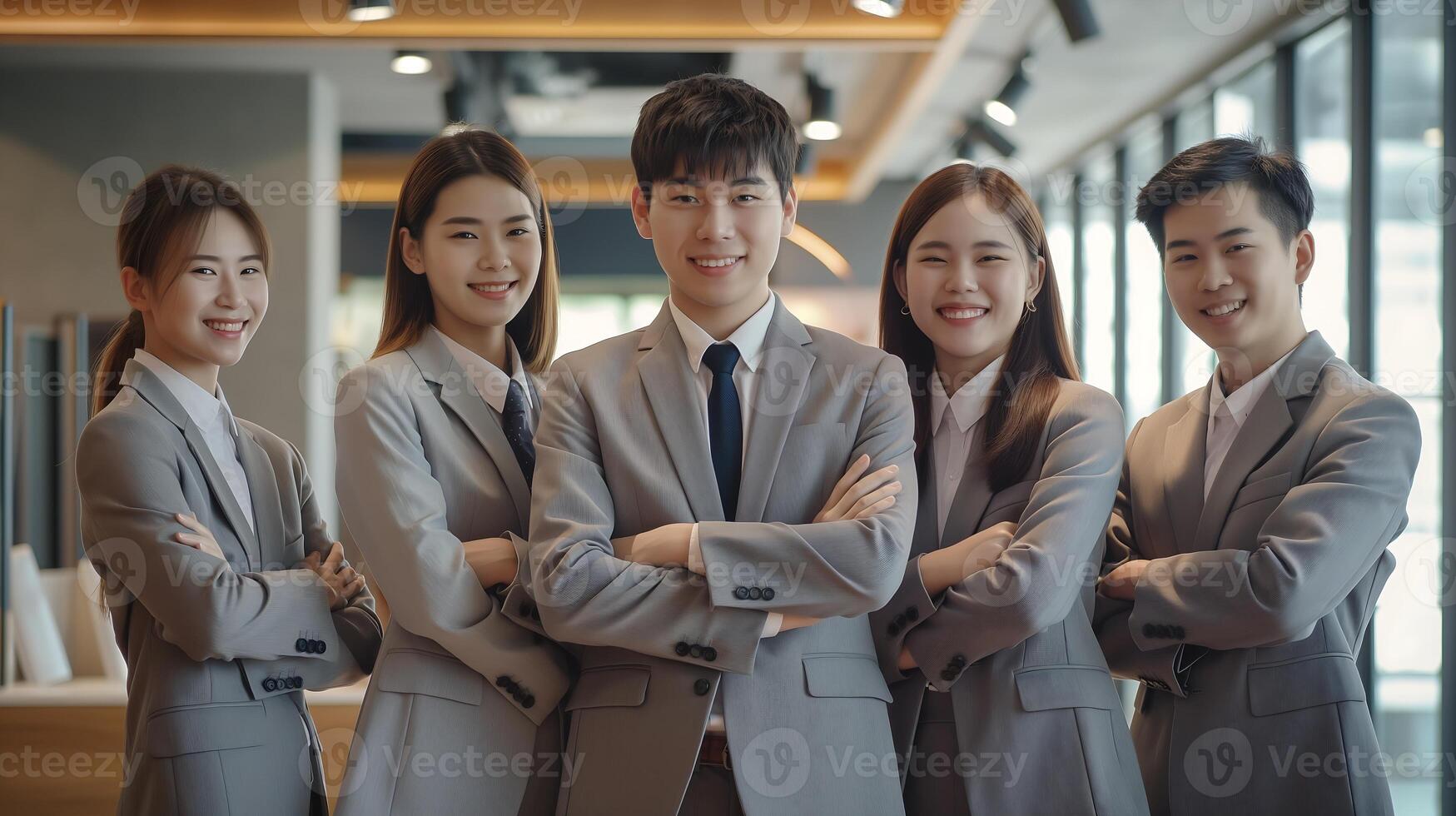 gruppo di asiatico persone indossare grigio tute Sorridi con loro braccia piegato attraverso loro cassapanche in piedi nel un' moderno ufficio foto
