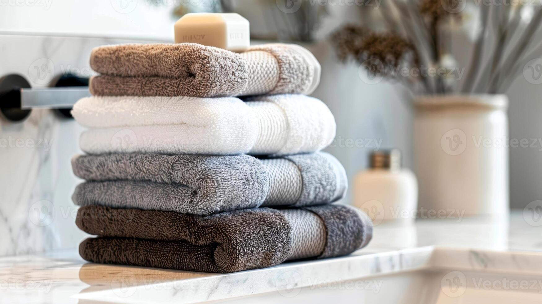 un' pila di soffice bagno asciugamani fatto di egiziano cotone visualizzazione il ricco colore e spessore di il tessuto foto