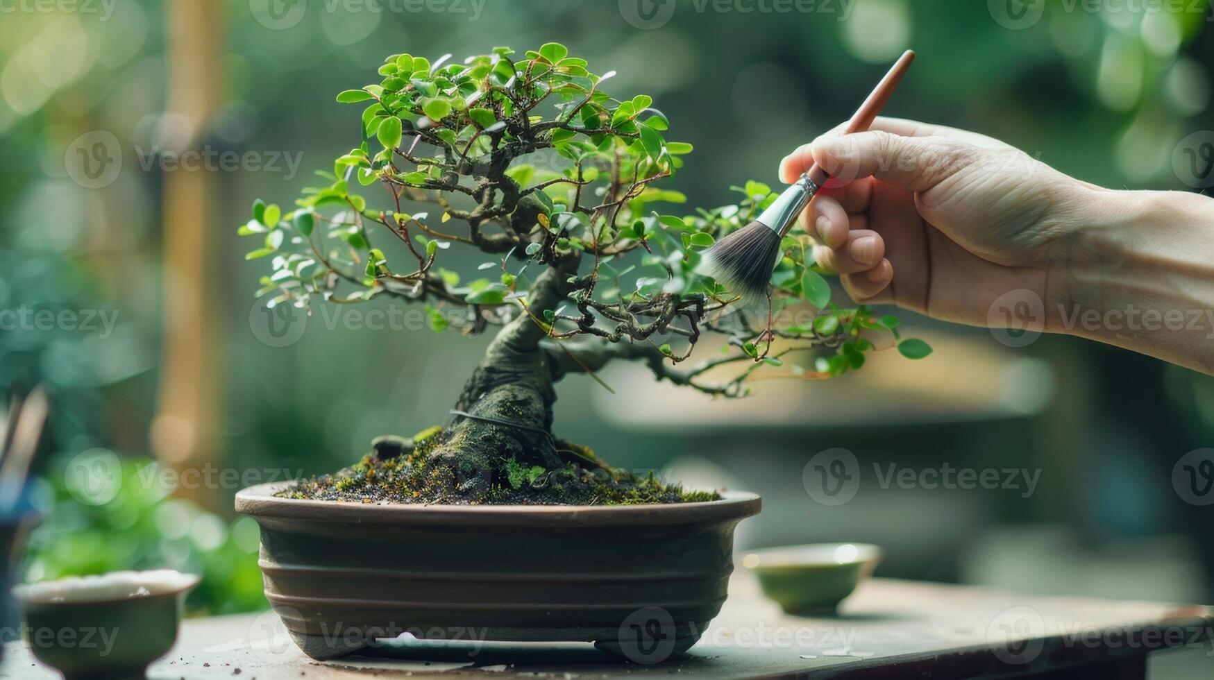 un' Bonsai albero essere delicatamente spazzolato con un' morbido trucco spazzola per rimuovere detriti e polvere a partire dal suo delicato le foglie foto