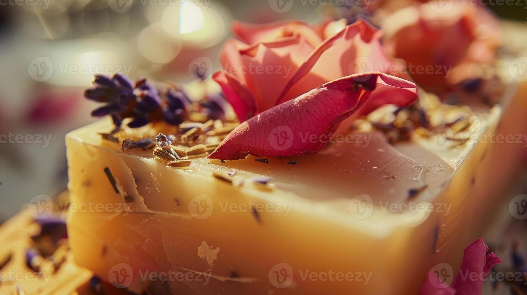 delicato rosa petali e secco lavanda mini cuffie adornano il superiore di un' di legno sapone bar dando via un' fragrante e lussuoso essenza foto