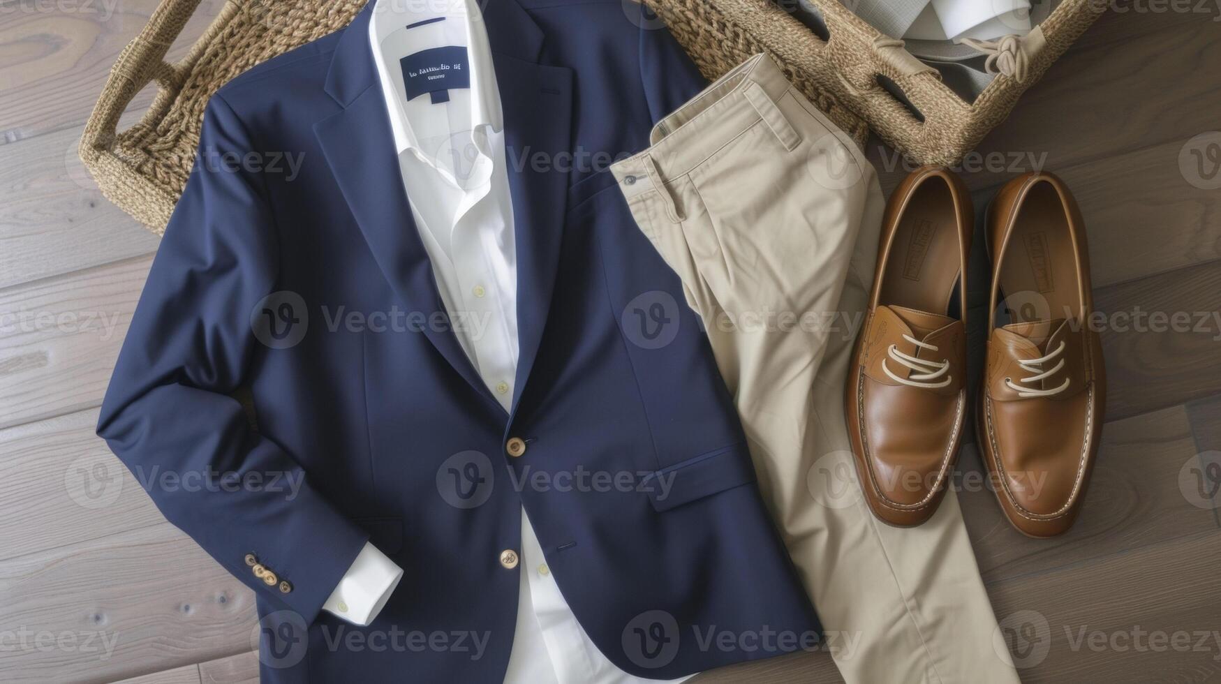 mantenere esso sofisticato nel un' Marina Militare blu blazer un' croccante bianca bottone giù camicia e abbronzatura pantaloni chino finito con un' paio di Marrone pelle mocassini. grande per un' cena festa a un' cont foto