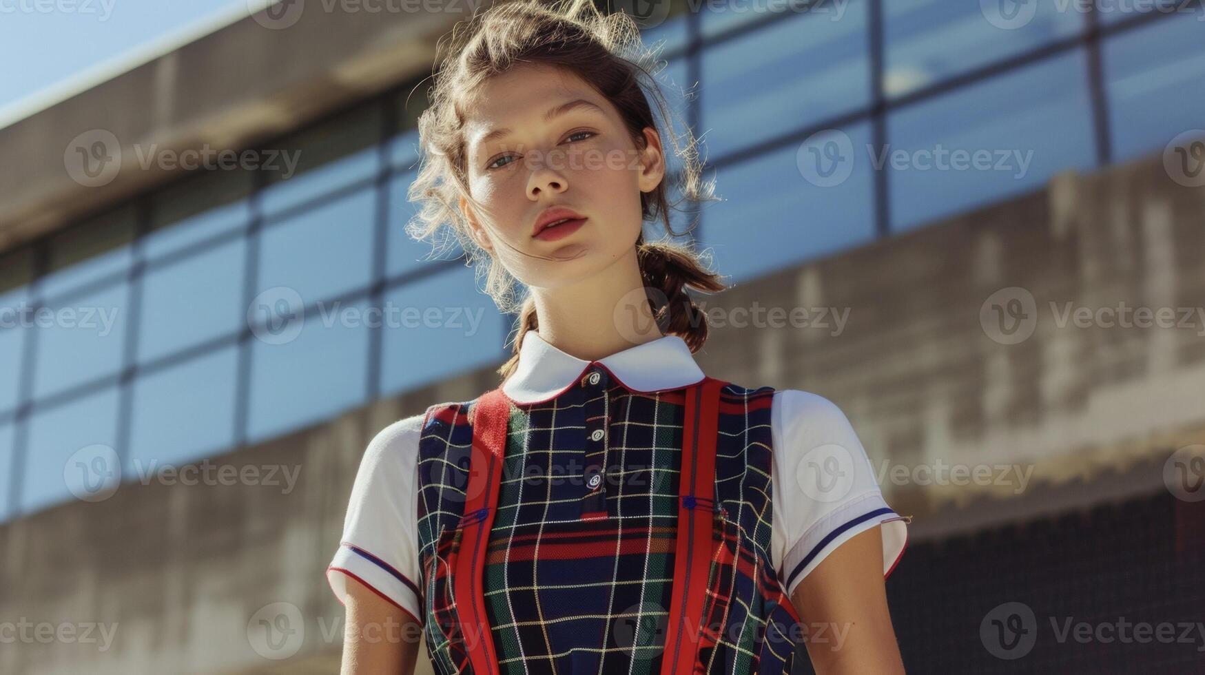 un' preppy polo vestito nel un' grassetto plaid modello ricorda di prep scuola uniformi a partire dal il anni 90 foto