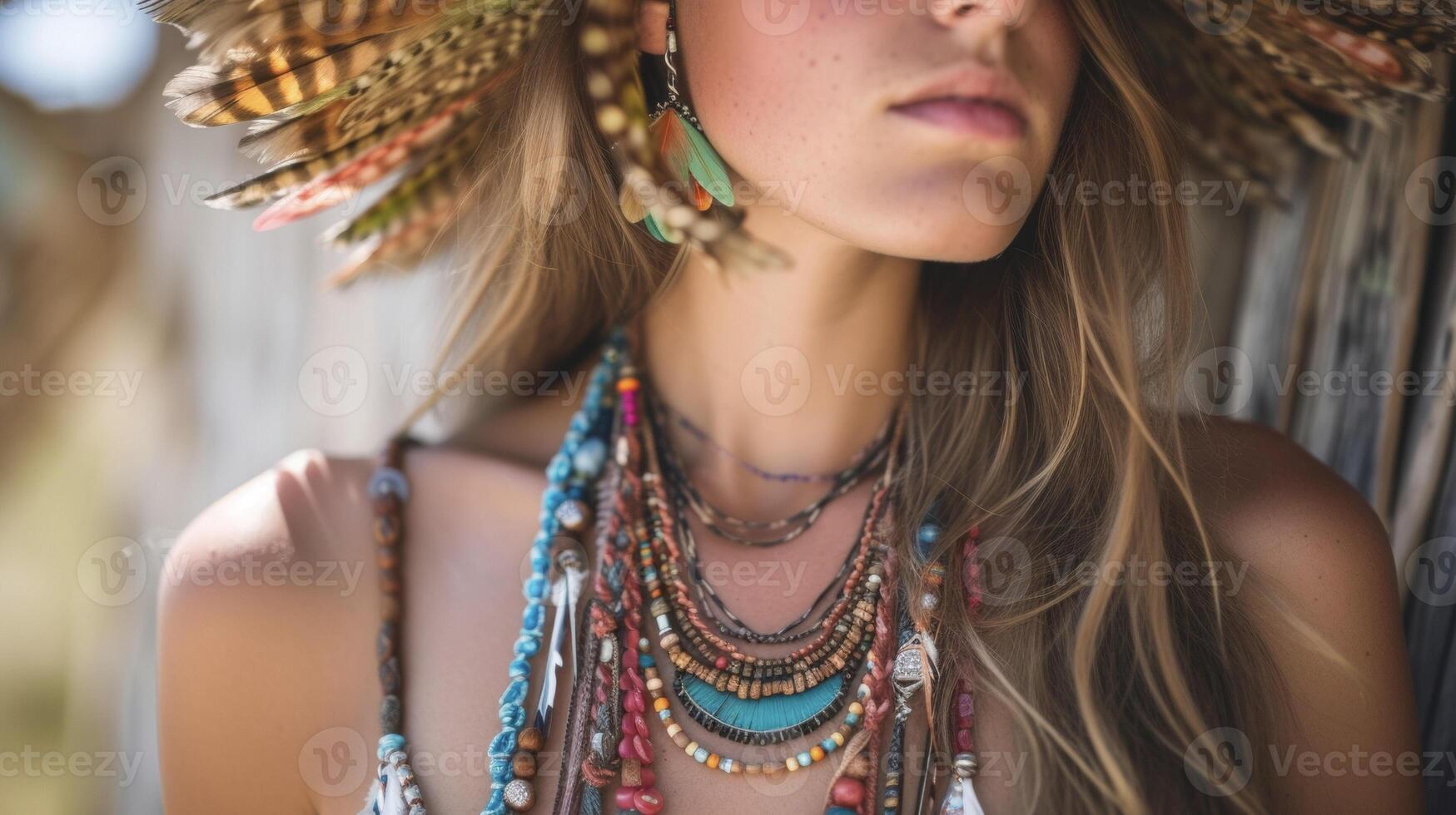 un' bohochic Guarda con un' combinazione di perline e piumato collane nel terroso toni Perfetto per un' musica Festival foto