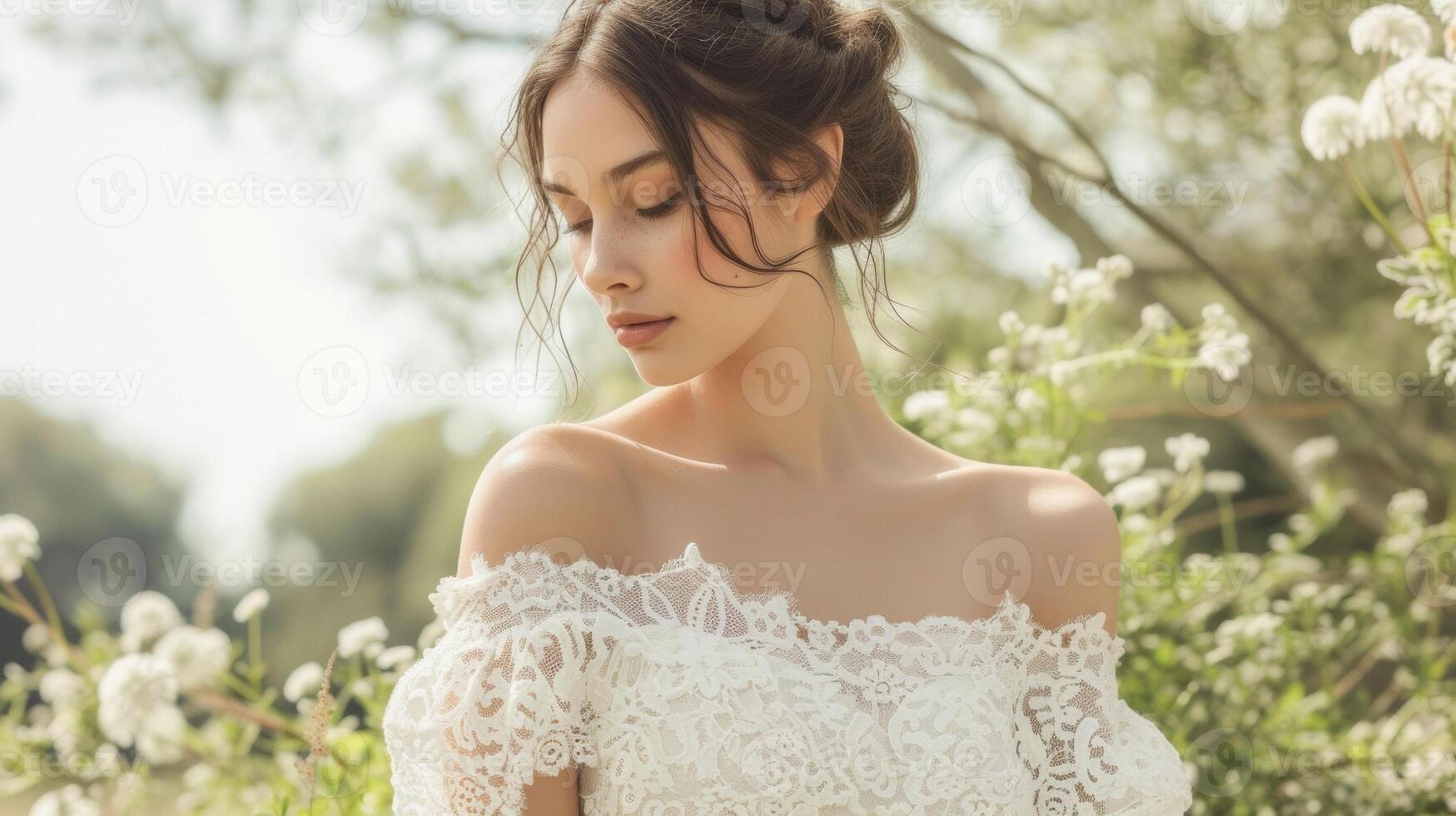 un' romantico fuori dalla spalla vestito nel un' delicato pizzo tessuto ispirato di antico centrini e fatto a mano utilizzando tradizionale merletti tecniche. Perfetto per un' estate weddin foto