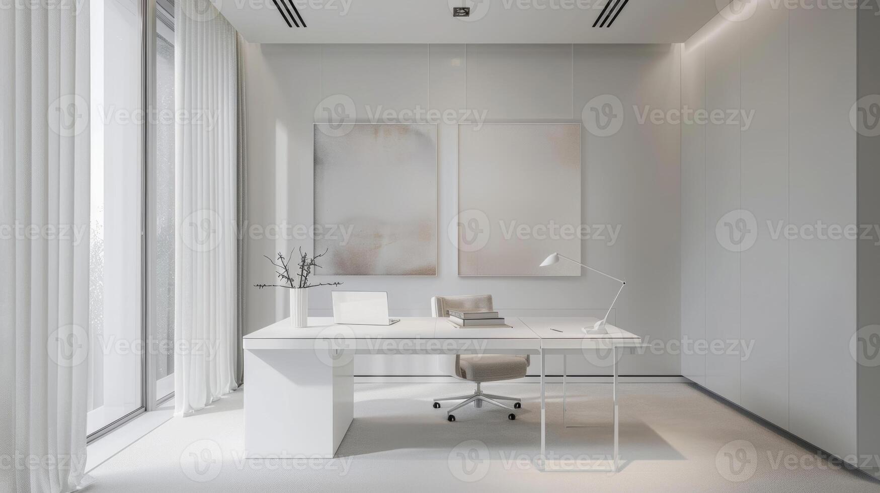 un' minimalista spazio di lavoro con un tutto bianco colore schema con un' elegante bianca scrivania e muri ornato con astratto opera d'arte nel smorzato colori foto