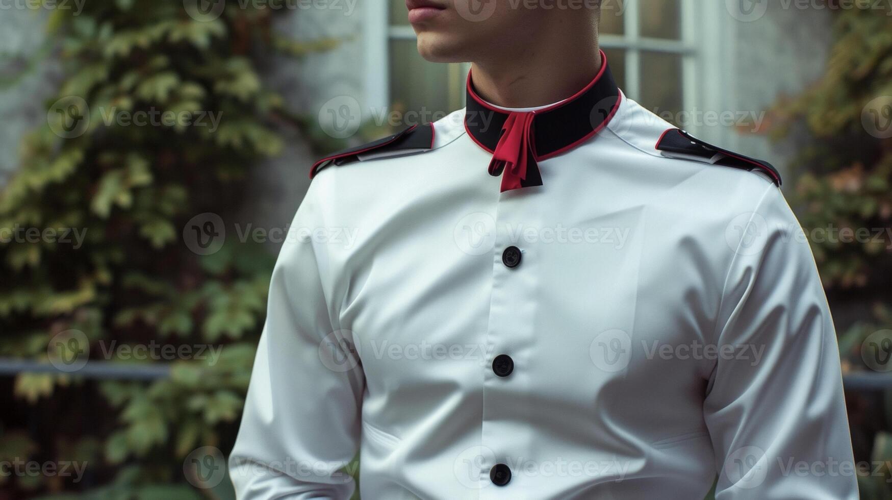 un' croccante bianca camicia con nero tubatura e un' rosso collo sciarpa evocando immagini di un' classico militare vestito uniforme. Perfetto per un' formale cena a il pasticcio sala foto