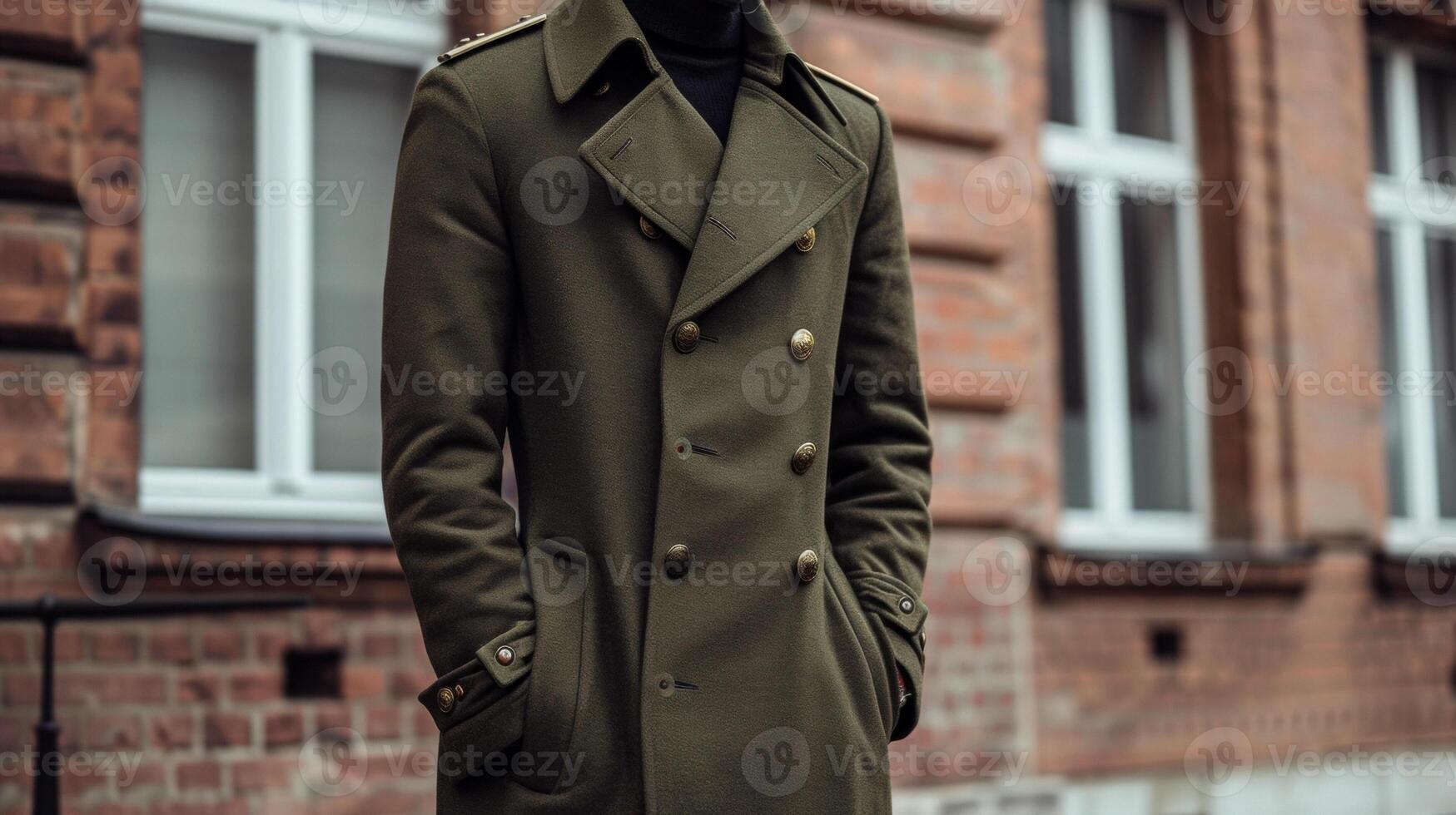 un' slimfit oliva verde trincea cappotto ornato con oro pulsanti e spalla schede ricorda di un' alto rango ufficiali abbigliamento. Perfetto per un' parata a il caserme foto