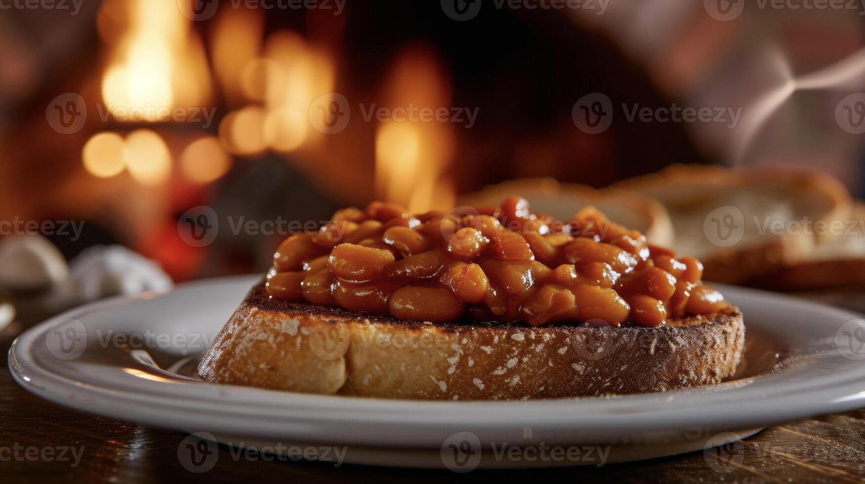 il finale comfort cibo un' clic piatto di al forno fagioli in cima un' fetta di d'oro Marrone crostini portato per vita di il caldo ambiance di un' scoppiettante camino foto