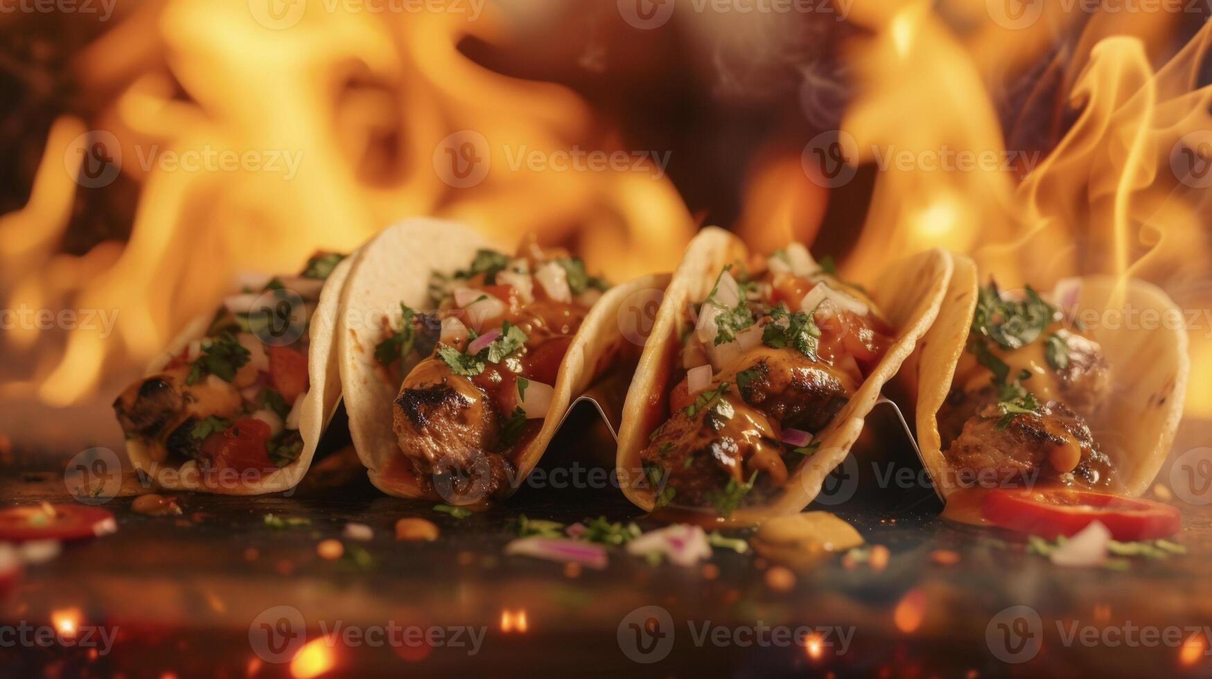 queste tacos siamo su fuoco orologio come il succoso carne è grigliato per perfezione e sormontato con un' ardente miscela di erbe aromatiche e es tutti mentre fiamme rabbia nel il sfondo foto
