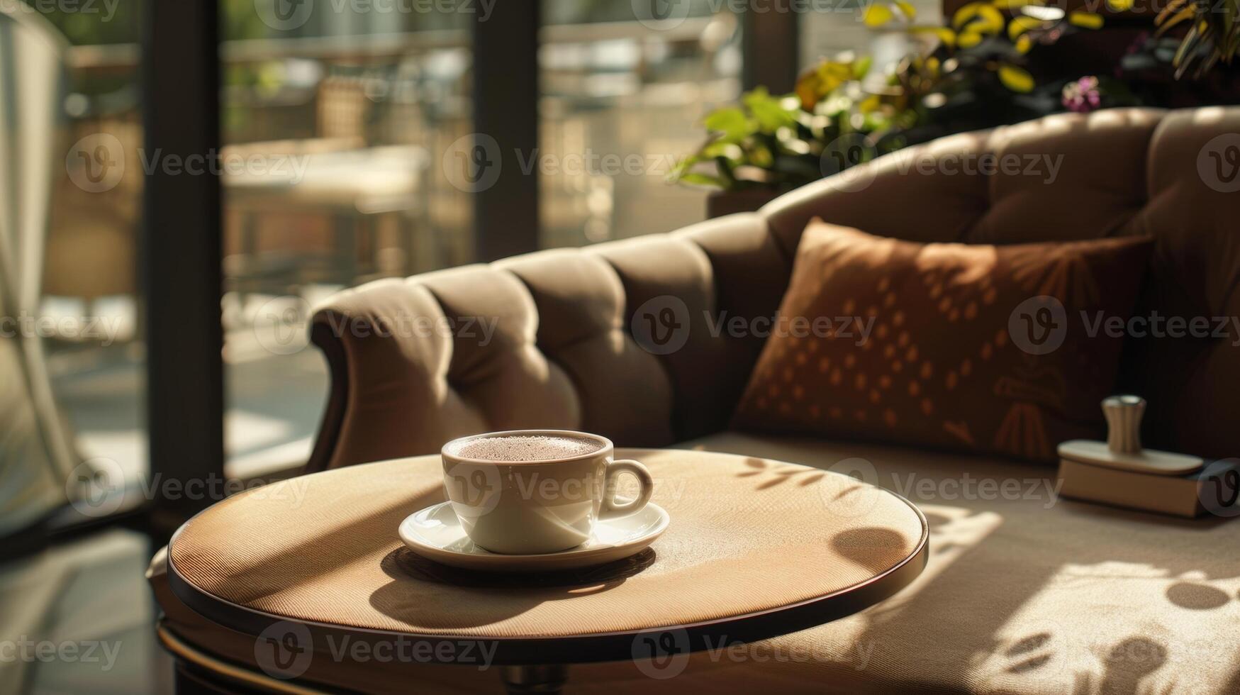 il aroma di un' appena fermentato tazza di premio caffè riempimenti il aria come voi sedersi su un' felpa imbottito panchina assunzione nel il sereno atmosfera di il tuo tè e caffè angolo foto