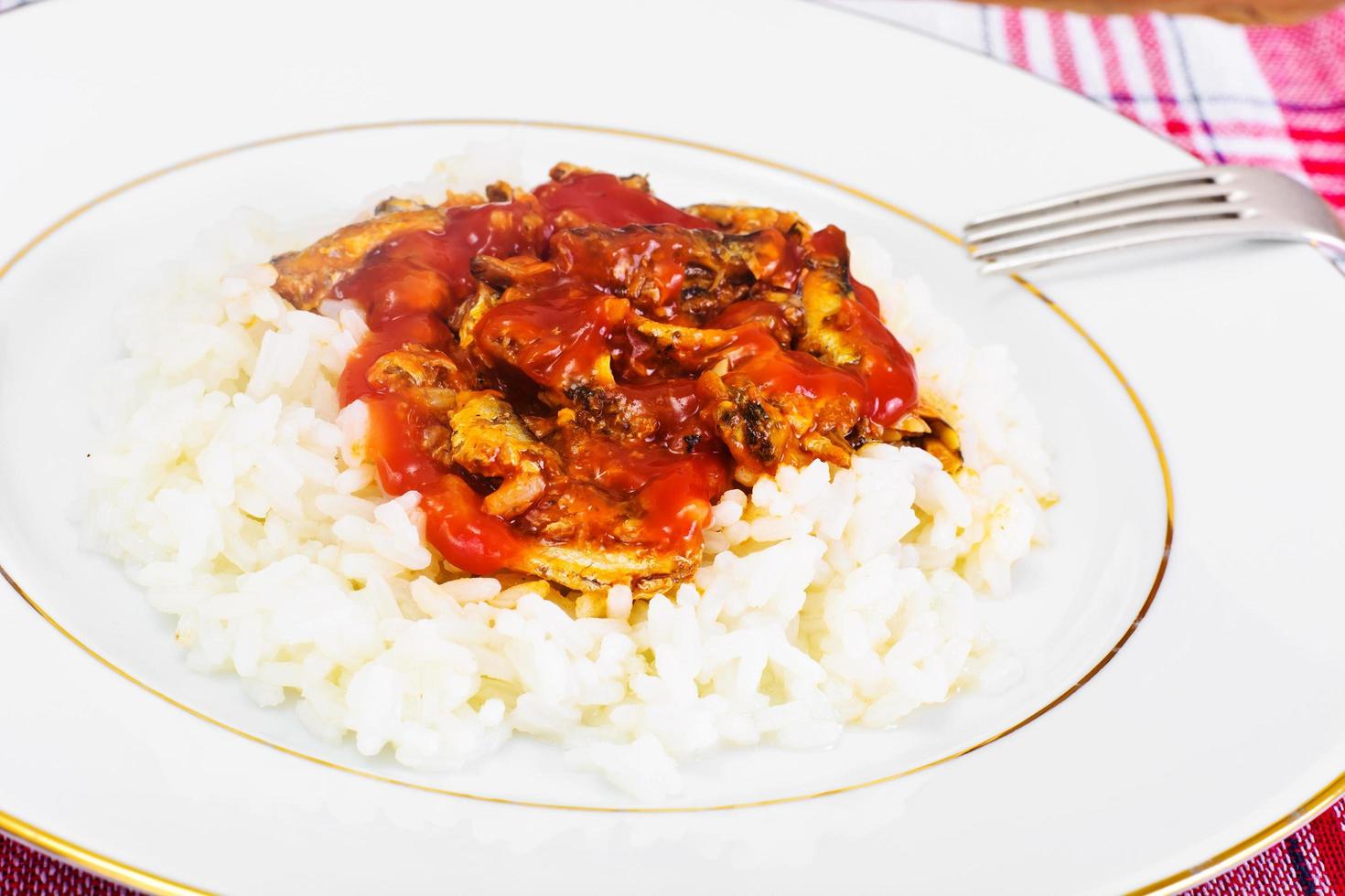 riso con conserve di pesce in salsa di pomodoro foto