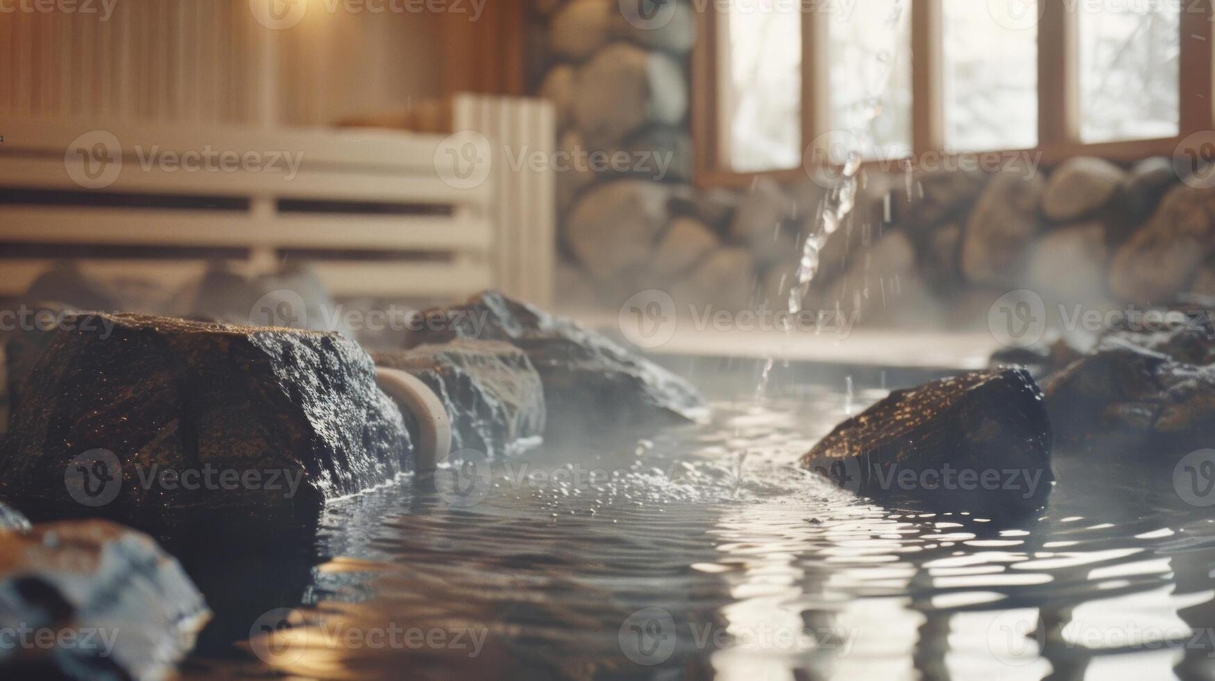 un' tranquillo, calmo e sereno ambientazione con individui assunzione giri scrosciante acqua al di sopra di caldo sauna rocce rilasciando vapore e la creazione di un' rinfrescante teutico atmosfera. foto
