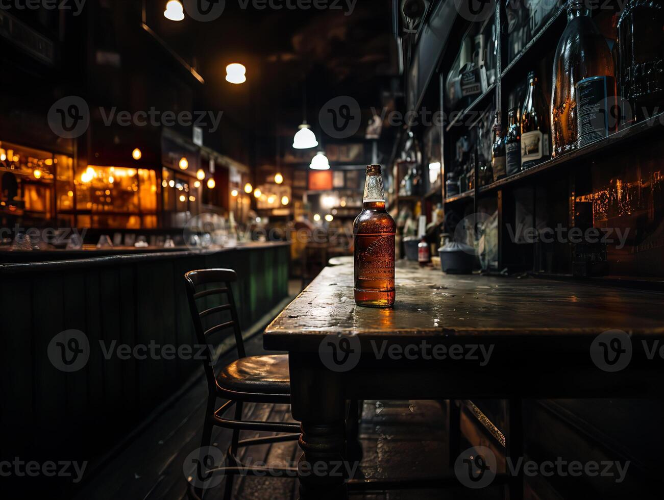 ai generato bottiglia di birra su il bar contatore sfocato sfondo nel bokeh generativo ai foto