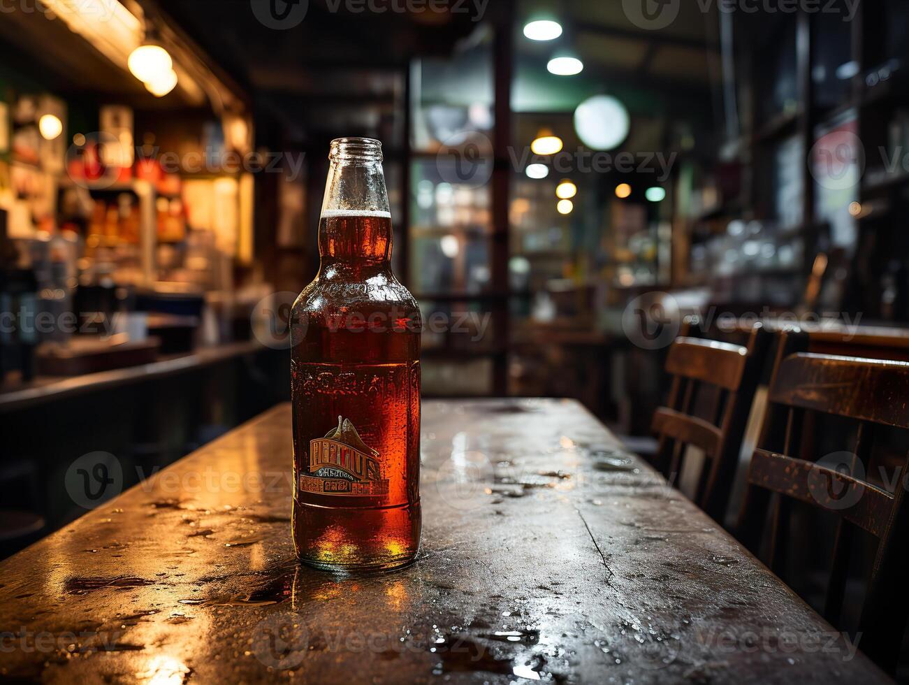 ai generato bottiglia di birra su il bar contatore sfocato sfondo nel bokeh generativo ai foto