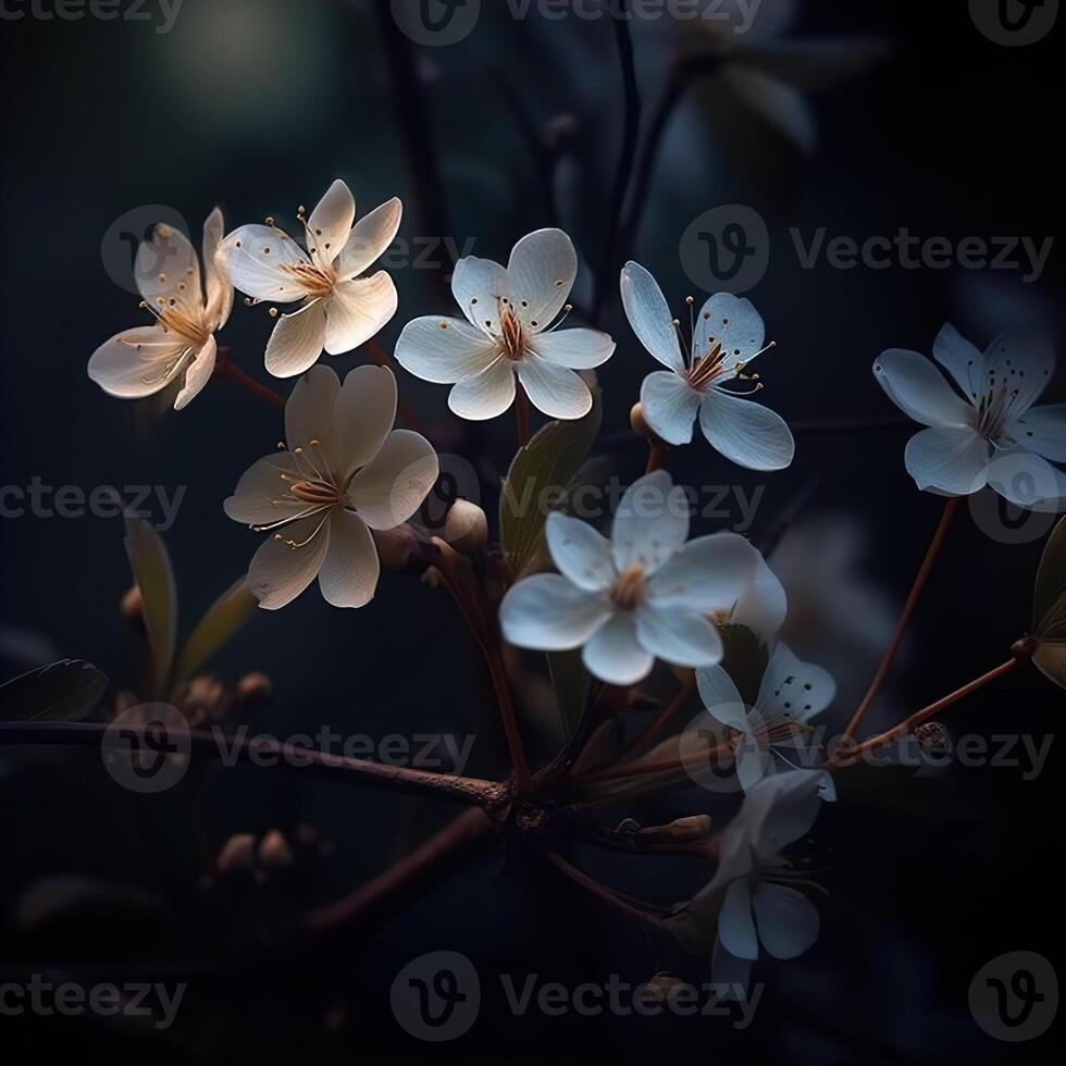 ai generato bellissimo fiori su un' sfocato blu sfondo generativo ai foto