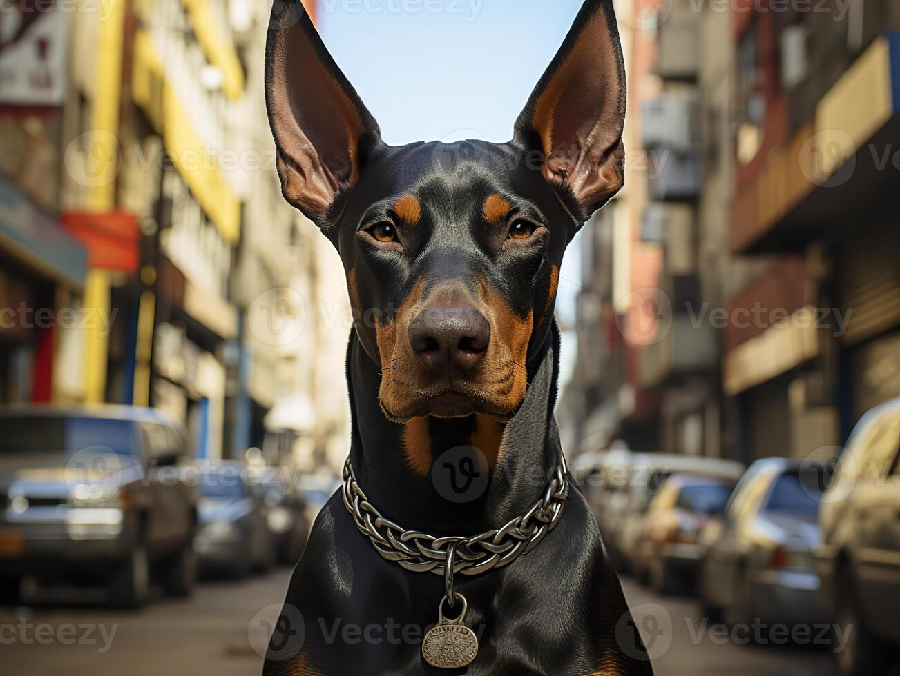 ai generato doberman sta su il strada e sembra a il telecamera, generativo ai foto