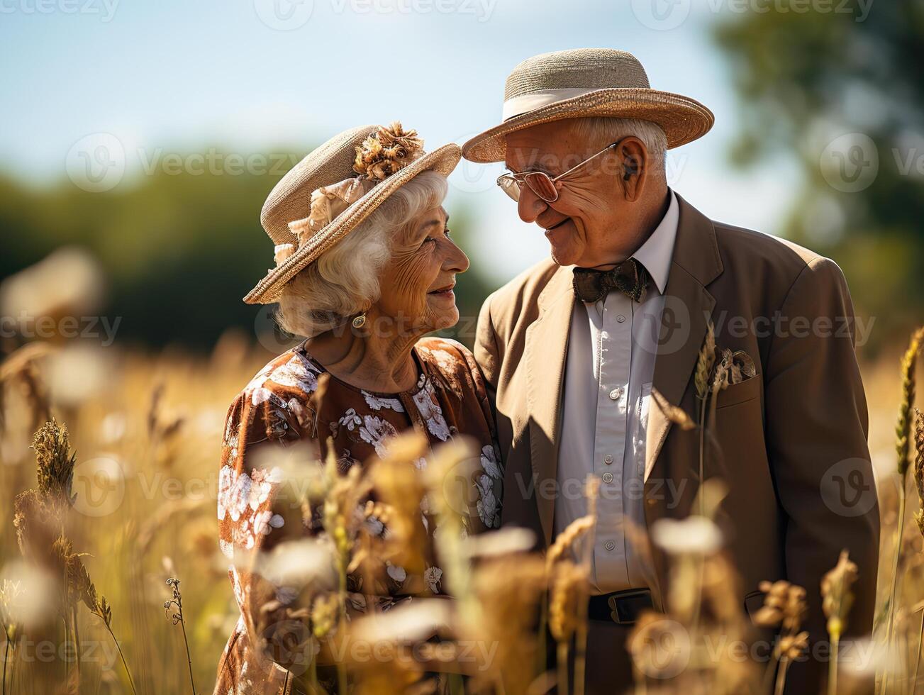 ai generato anziano coppia nel amore a piedi nel natura generativo ai foto