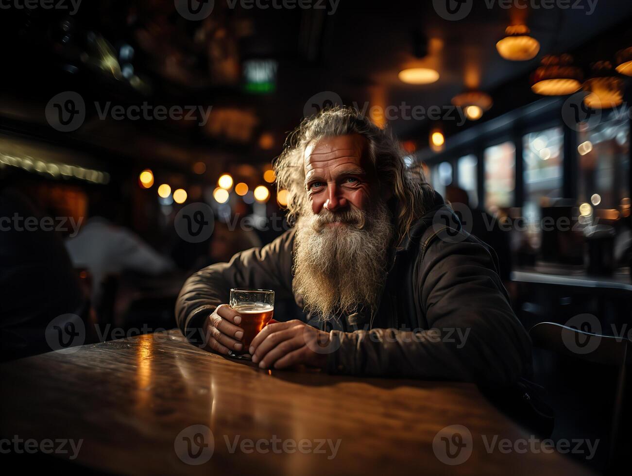 ai generato barbuto anziano uomo potabile birra nel un' bar generativo ai foto
