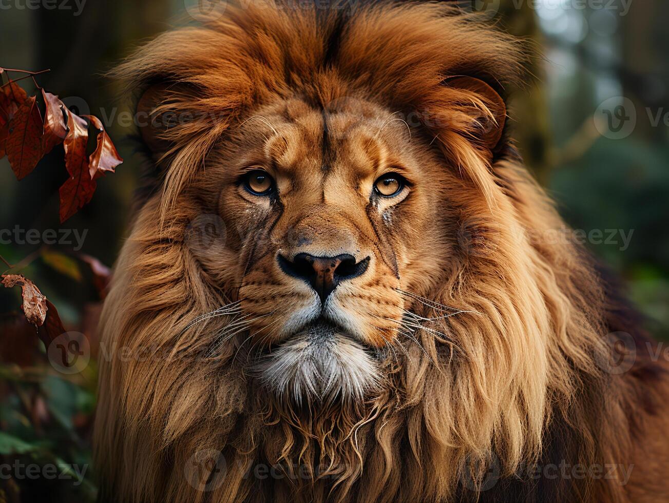 ai generato Leone nel il foresta su un' sfocato sfondo generativo ai foto